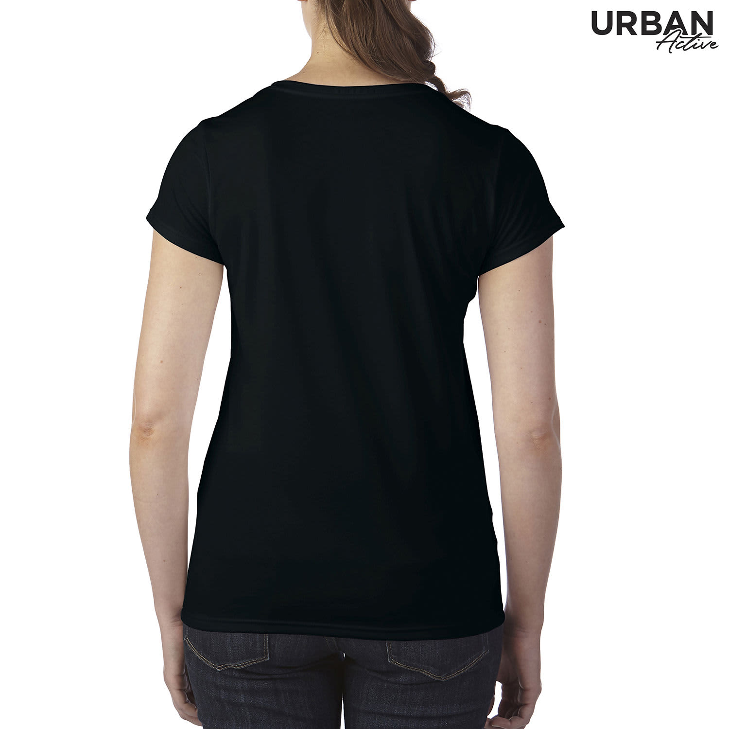 A black ladies tee with short sleeves, featuring a logo, viewed from the back.