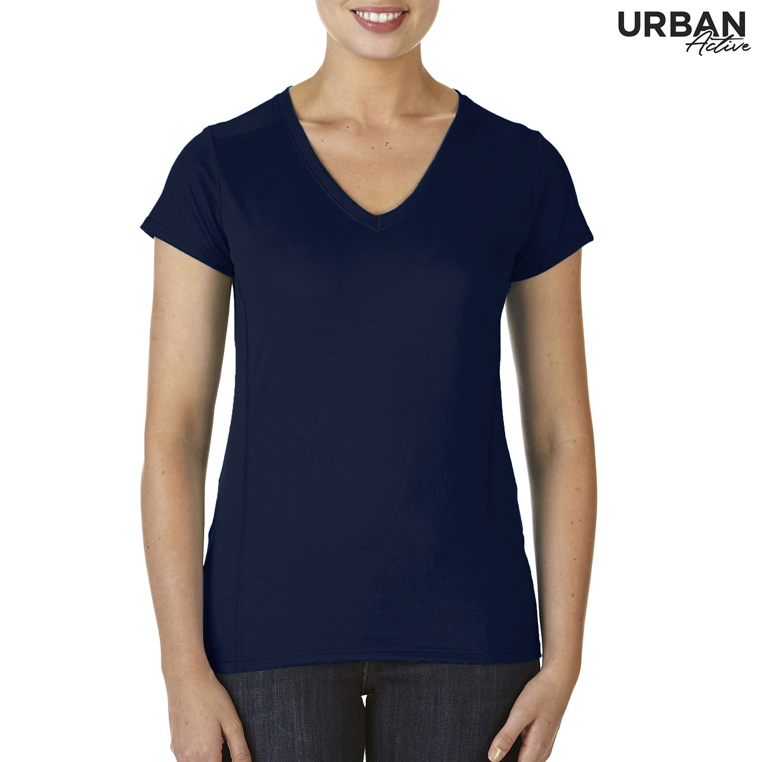 A navy blue ladies' t-shirt with a v-neck and short sleeves, featuring a logo.