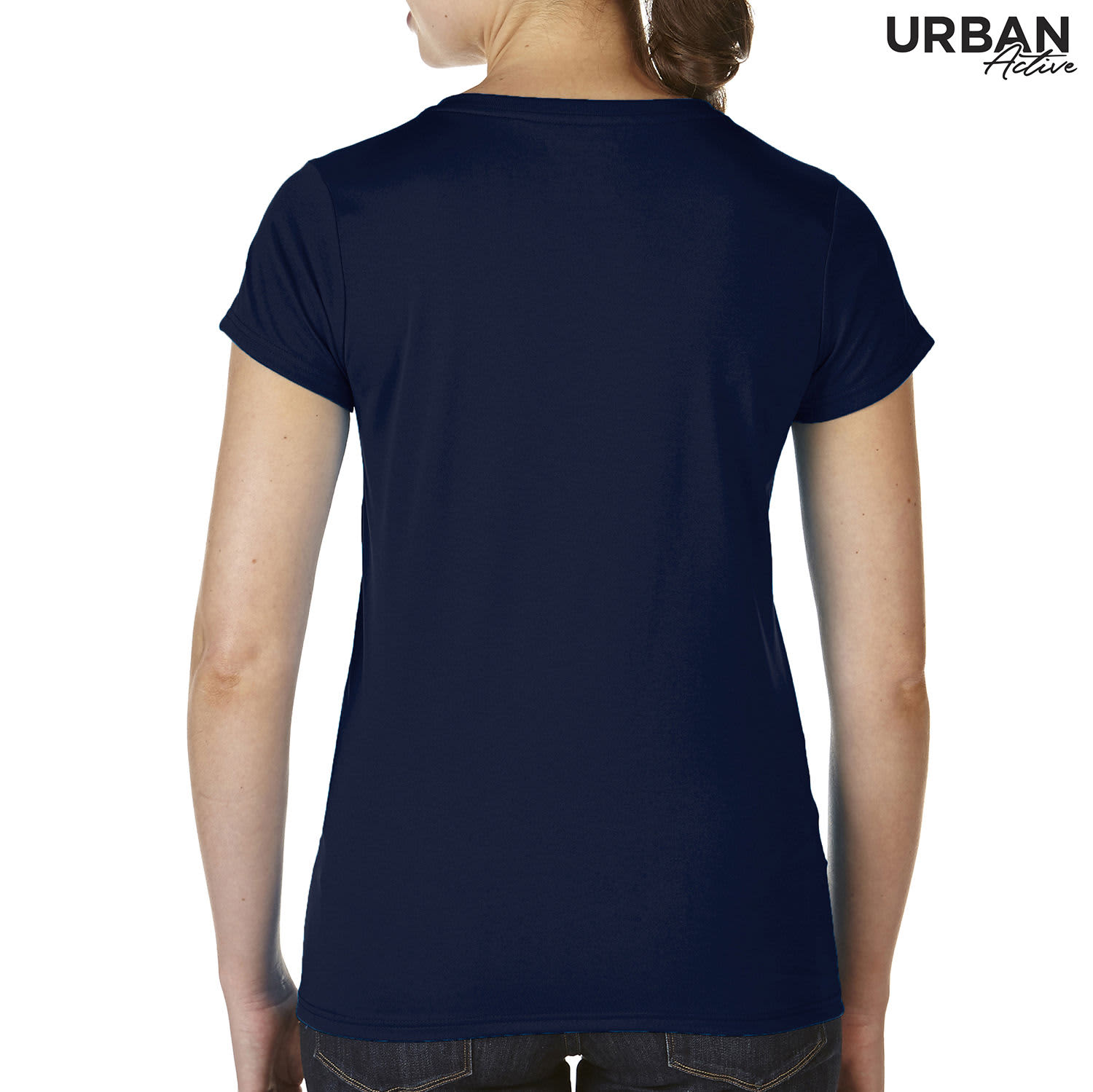 A navy blue ladies' t-shirt with a fitted design and short sleeves, featuring a logo.