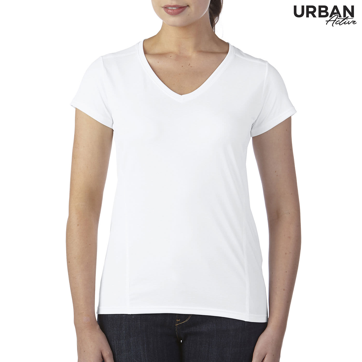A white ladies' T-shirt with a v-neck design, featuring short sleeves and a logo.