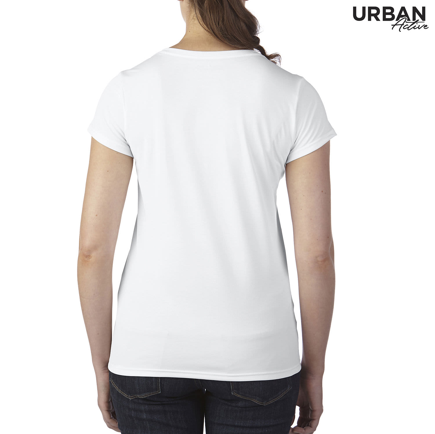 A white ladies' t-shirt with short sleeves, featuring a branding logo on the back.