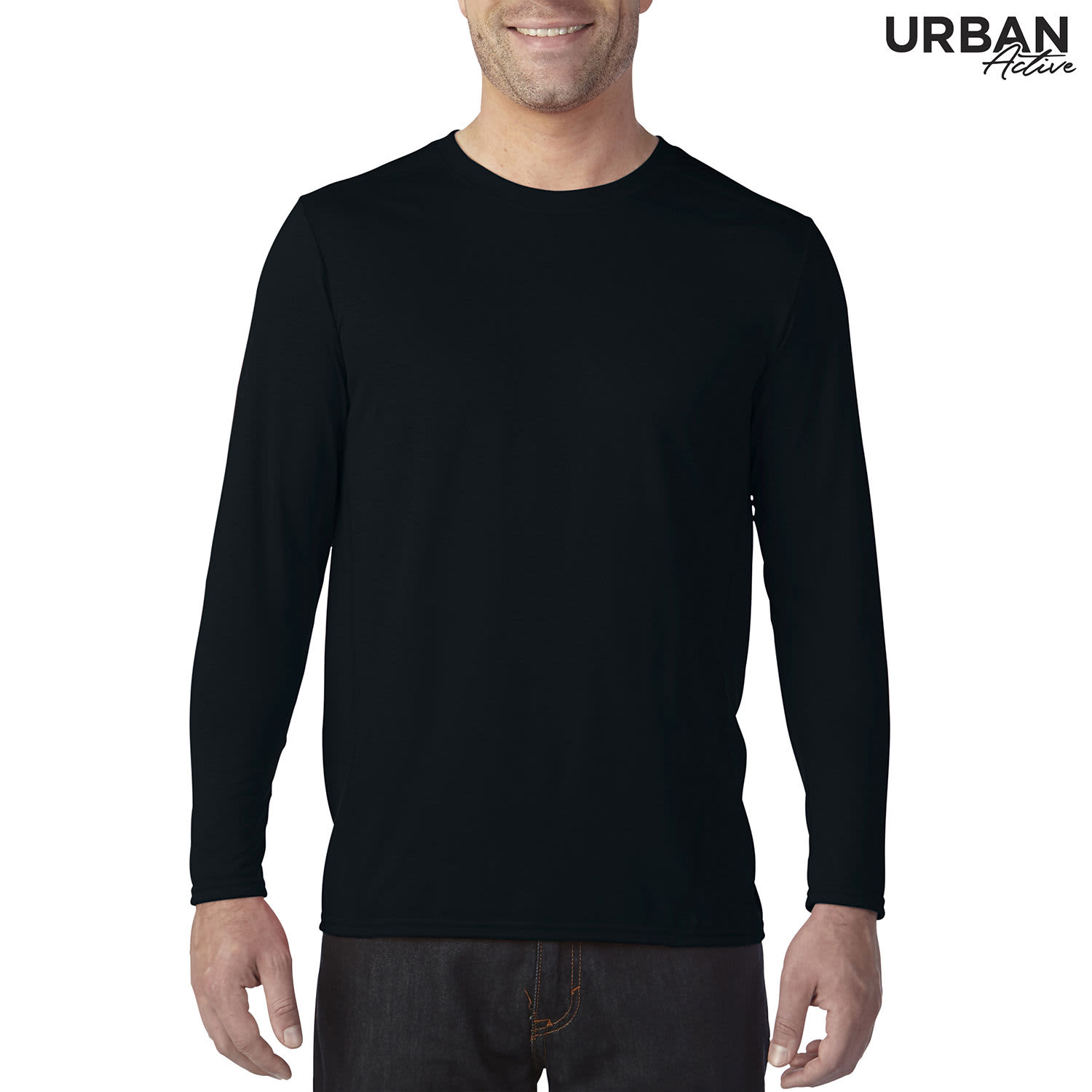 A long sleeve adult tee in black, featuring a logo, displayed on a model.