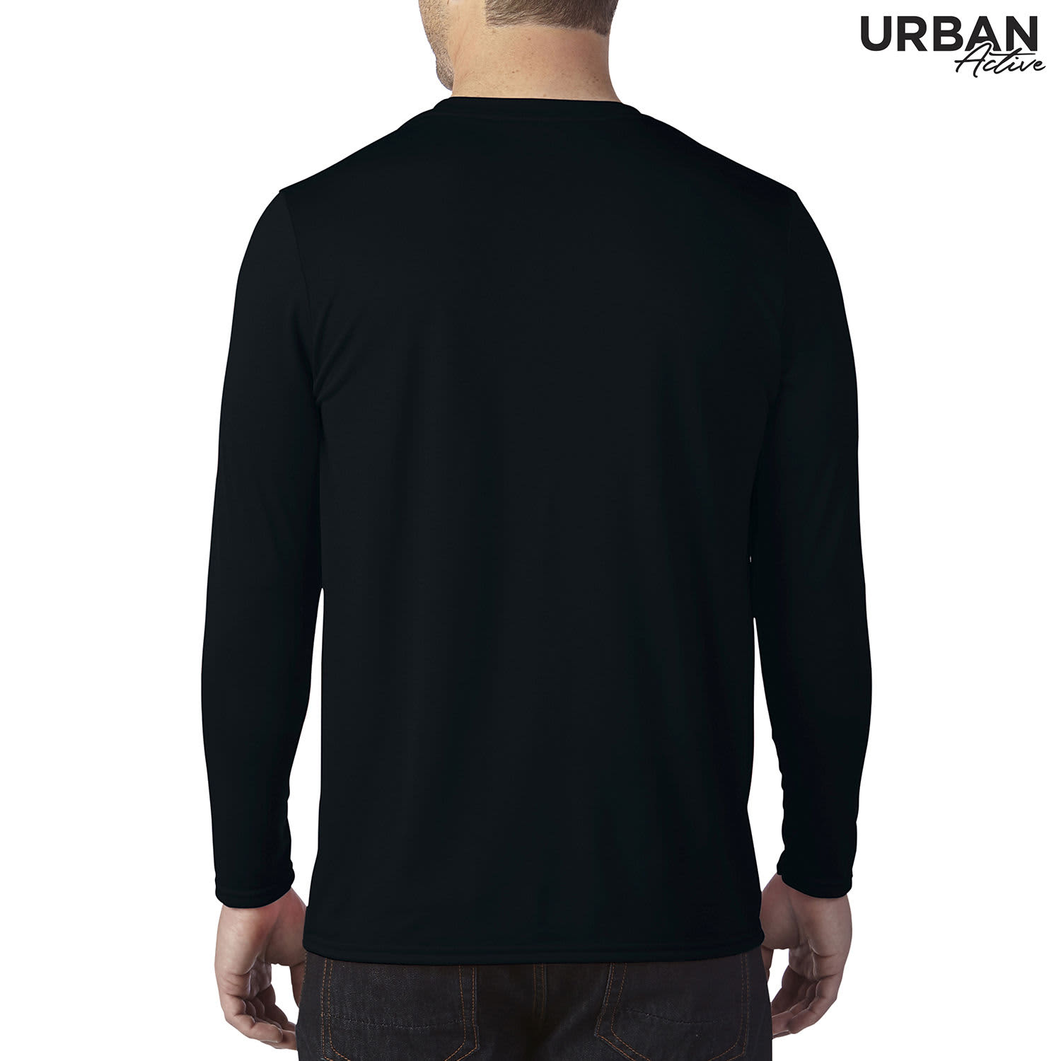 A long sleeve adult tee in black, featuring a simple design with a logo on the front.