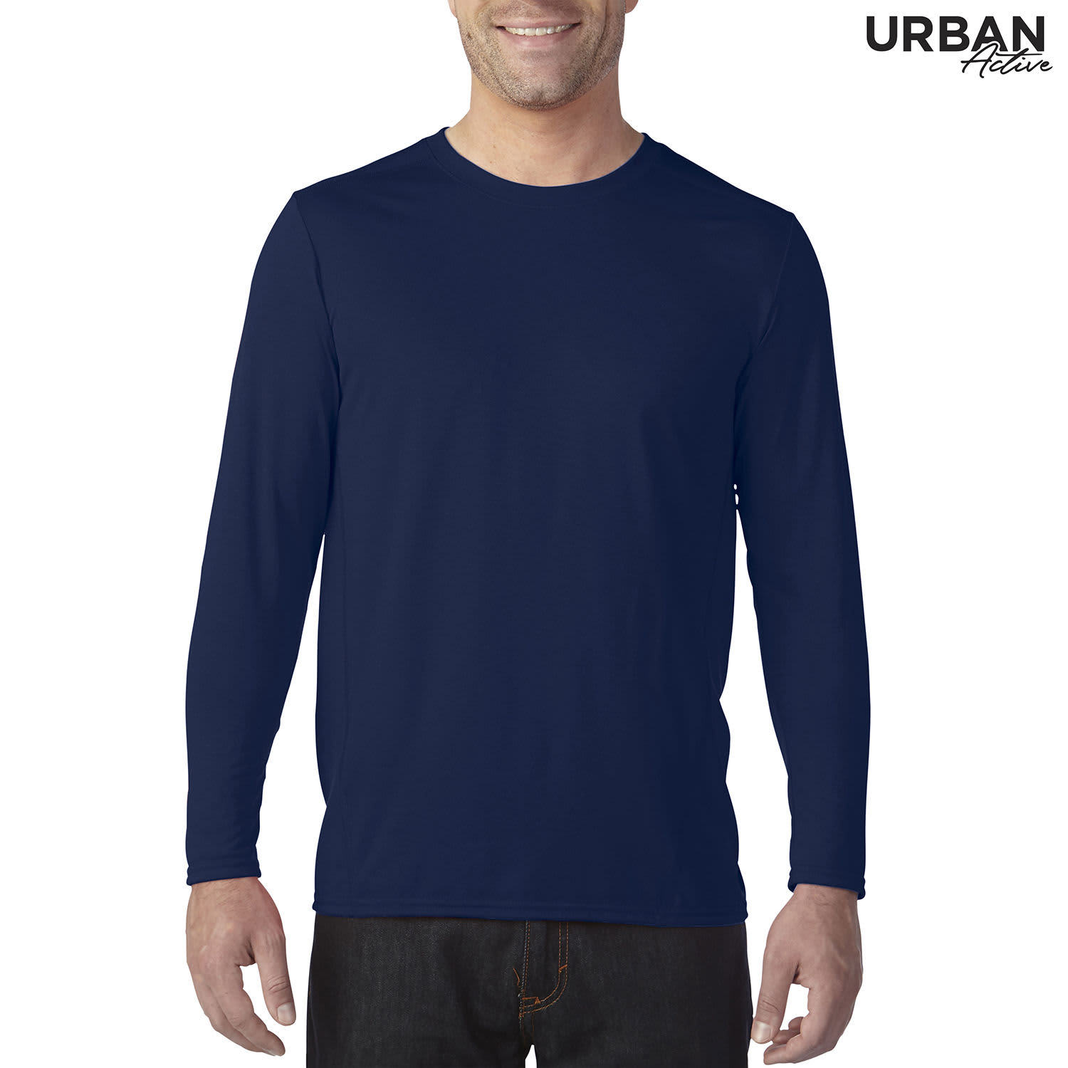 A long sleeve adult tee in navy blue, featuring a logo on the upper right.