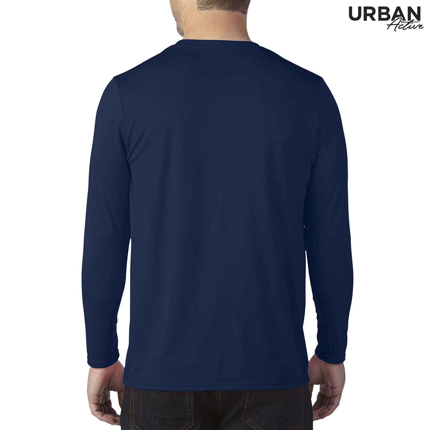 A men's long sleeve t-shirt in navy blue, featuring a logo on the back.