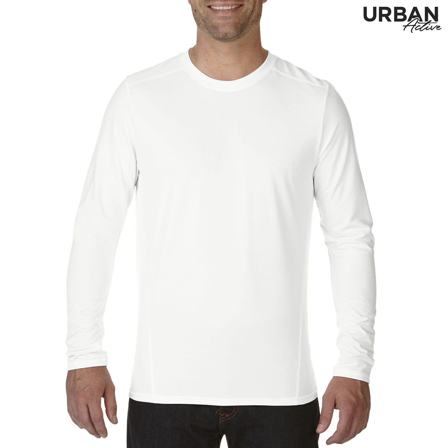 A white long sleeve tee from Urban Active, featuring a round neckline and a logo on the upper corner.