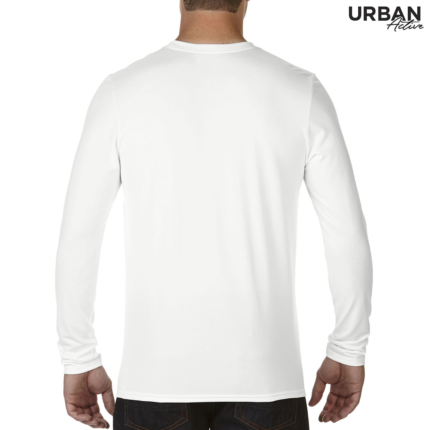 A white long sleeve adult tee with a plain back and a logo on the upper left corner.