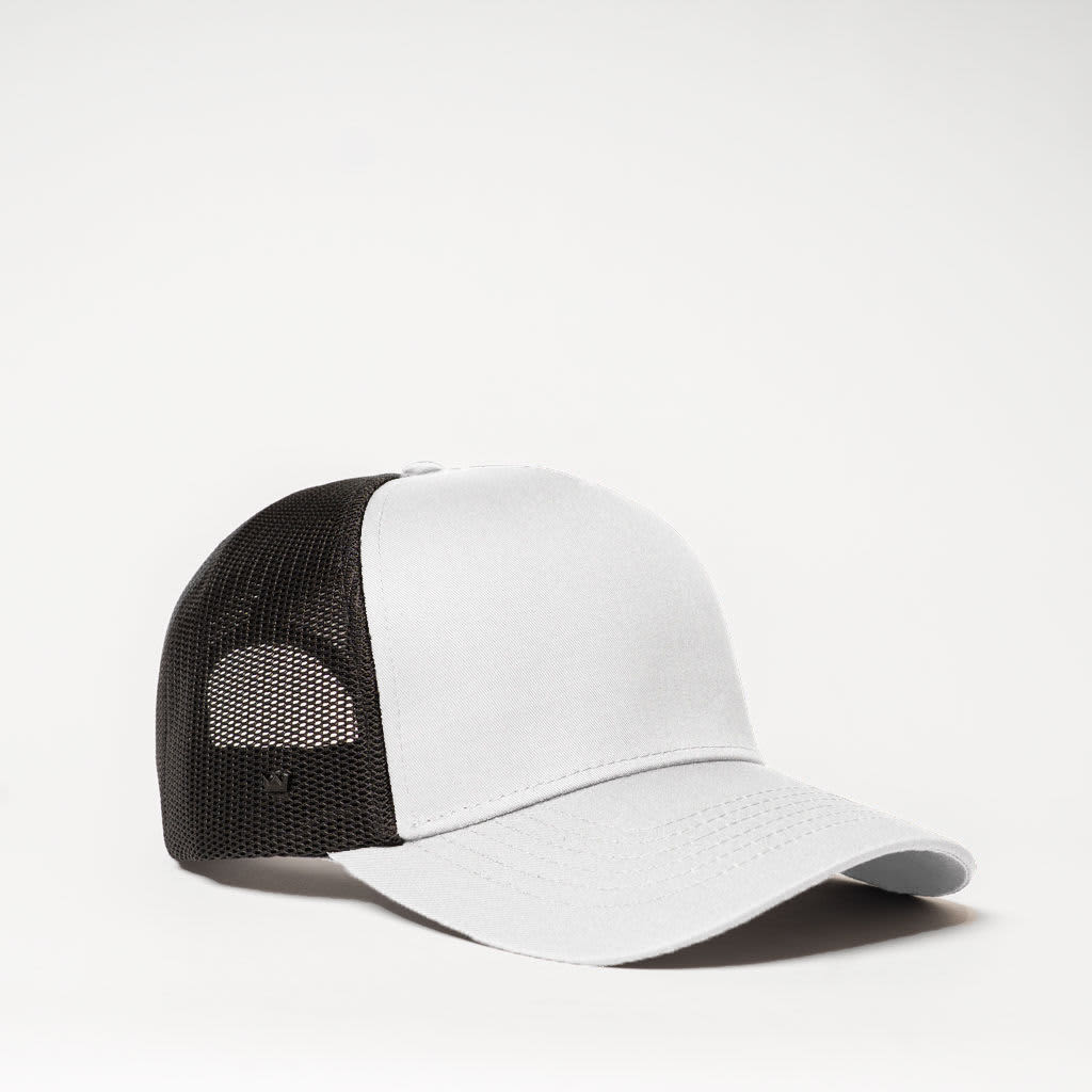 A grey and black trucker cap featuring a mesh back and a branded logo.