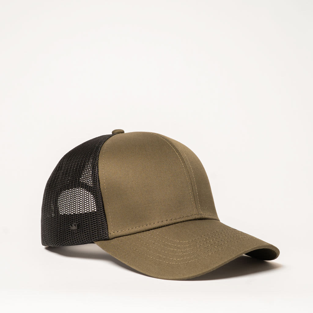 A khaki and black six-panel trucker cap with a mesh back and a logo on the side.
