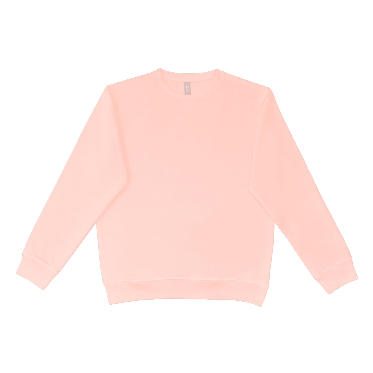 A light pink crewneck jumper with long sleeves, featuring a simple design and a branding logo.