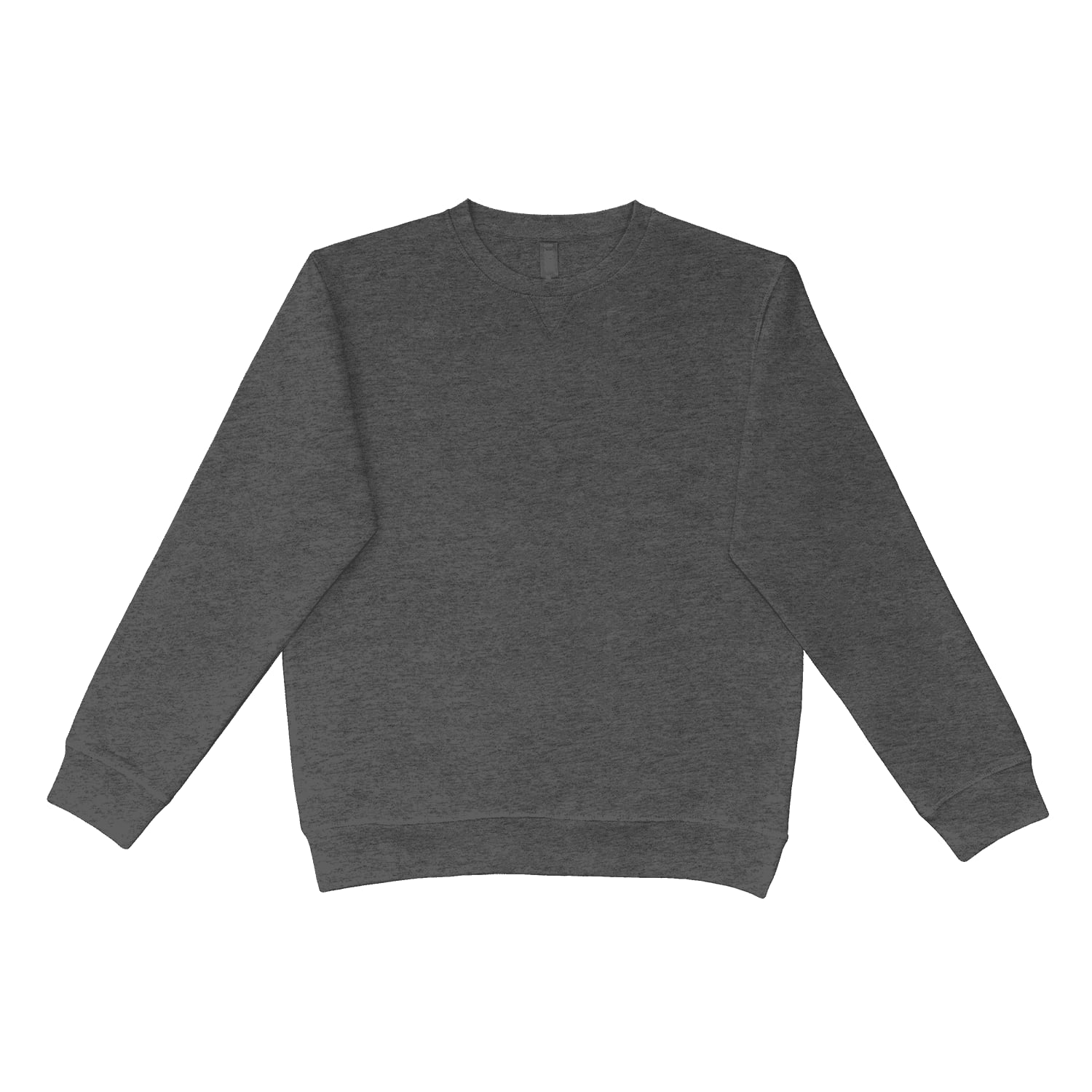 A grey crewneck jumper with long sleeves and cuffs, featuring a simple design and a logo on the front.