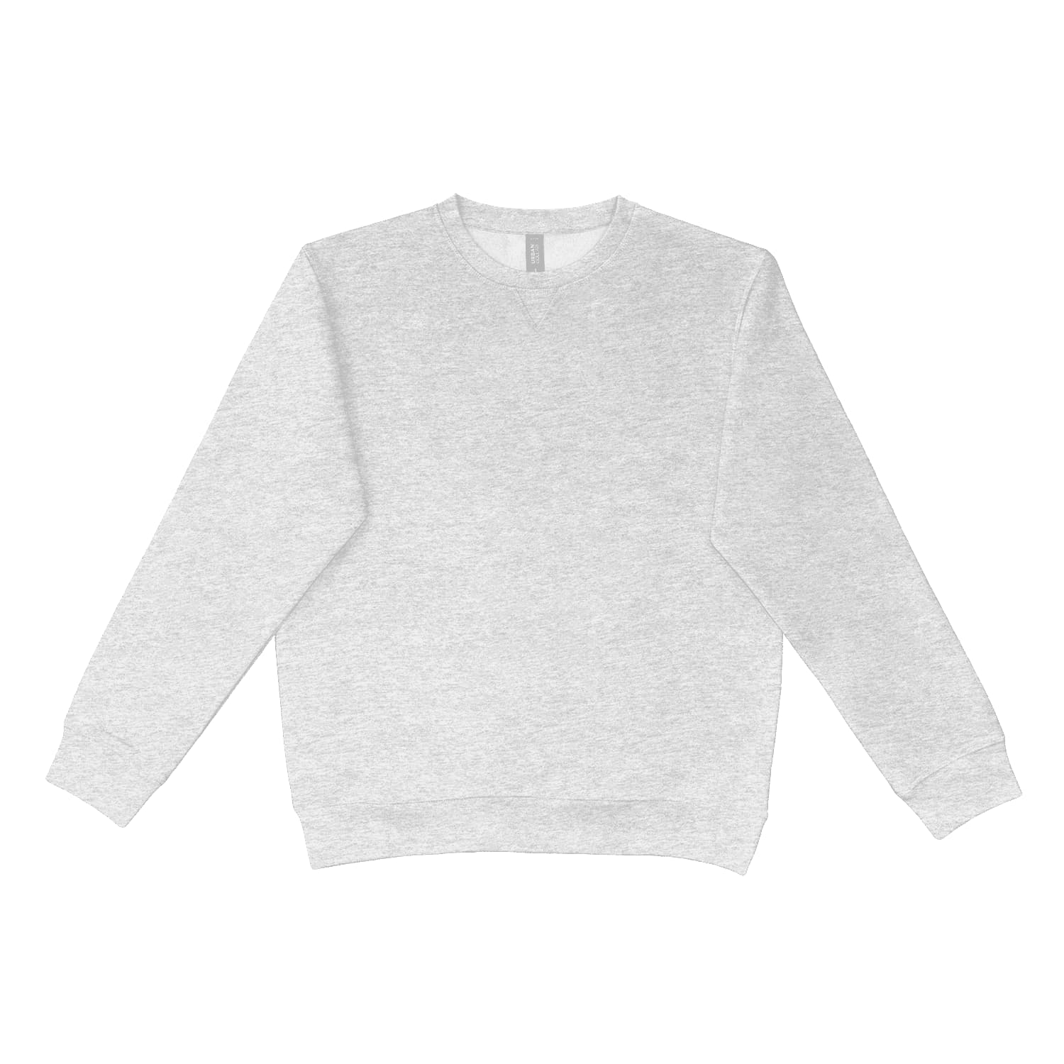 A light grey crewneck jumper with long sleeves and a simple design. It features a logo on the front.