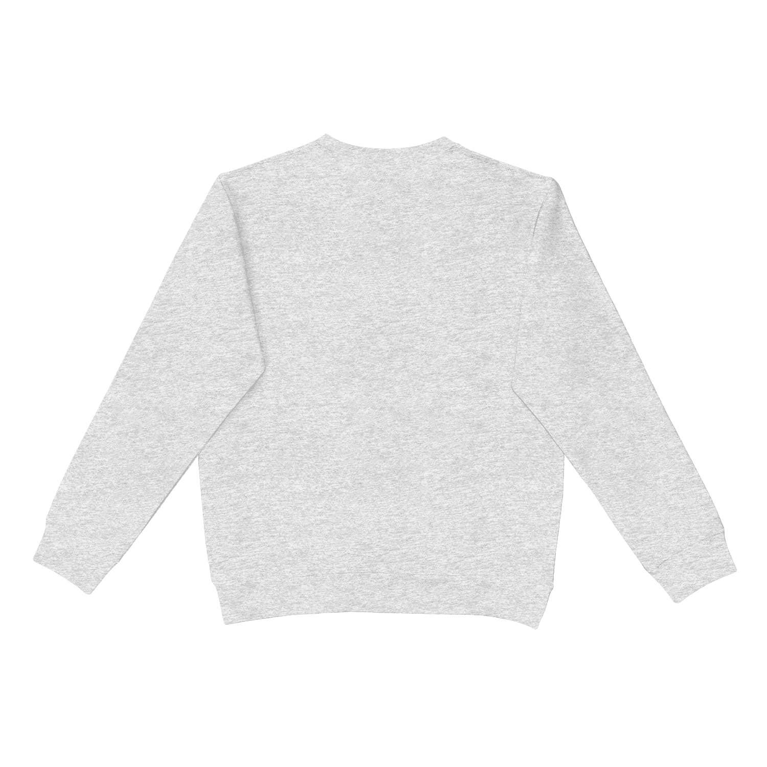 A light grey crewneck sweater featuring long sleeves and a plain back design. It has a logo on the front.