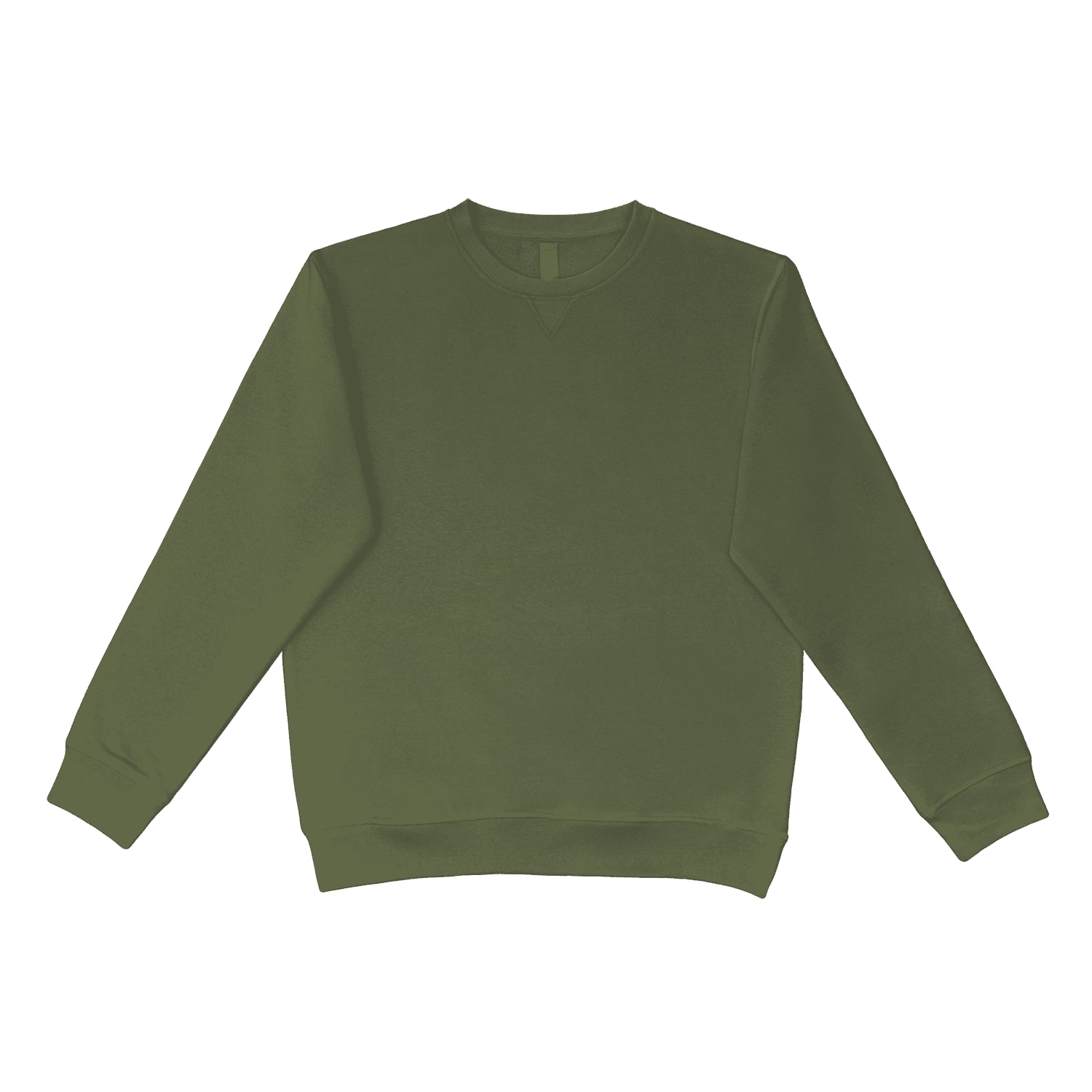 An olive green crewneck jumper with a relaxed fit and long sleeves. It features a simple design and has a logo.