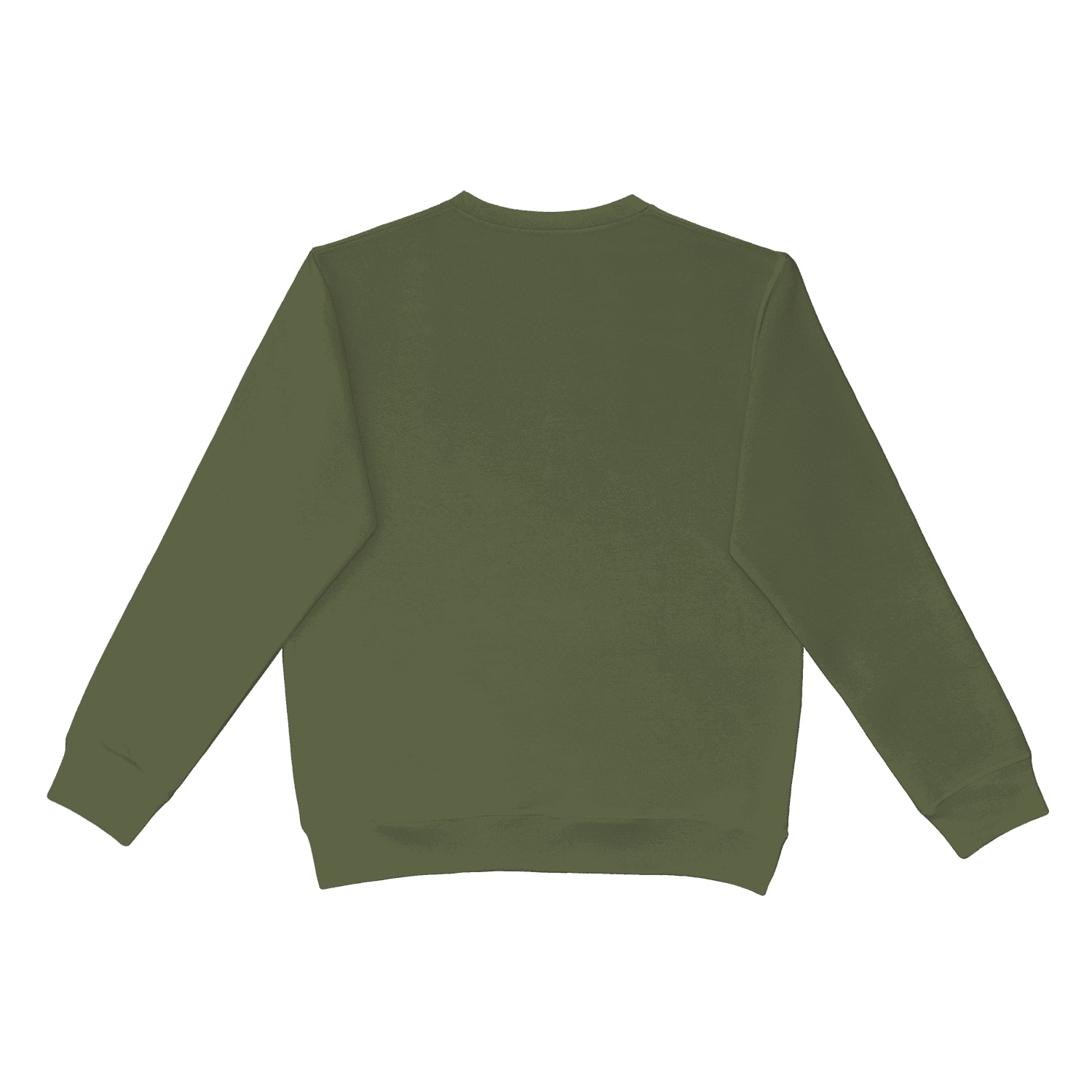 A green crewneck sweater with long sleeves and a relaxed fit, featuring a plain back design.
