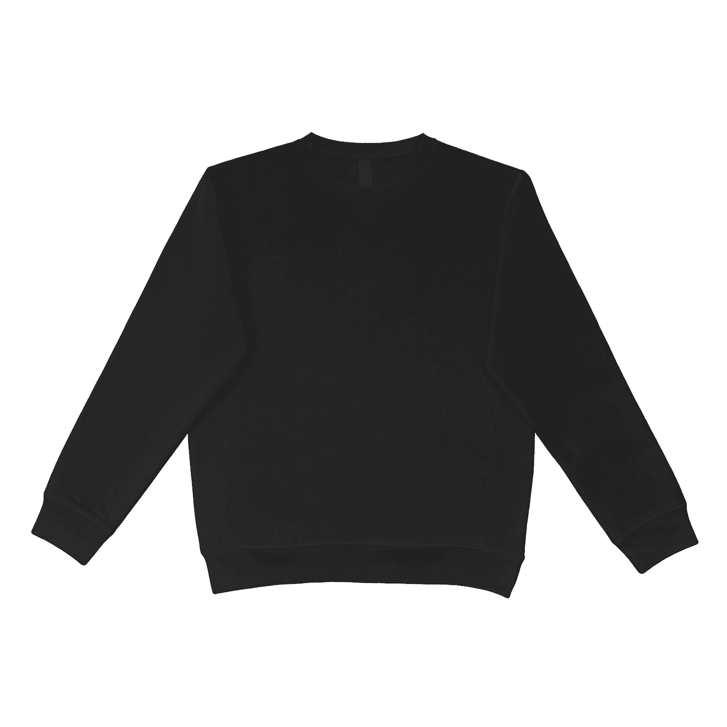 A black crewneck jumper with long sleeves and a relaxed fit. It features a subtle branding logo.