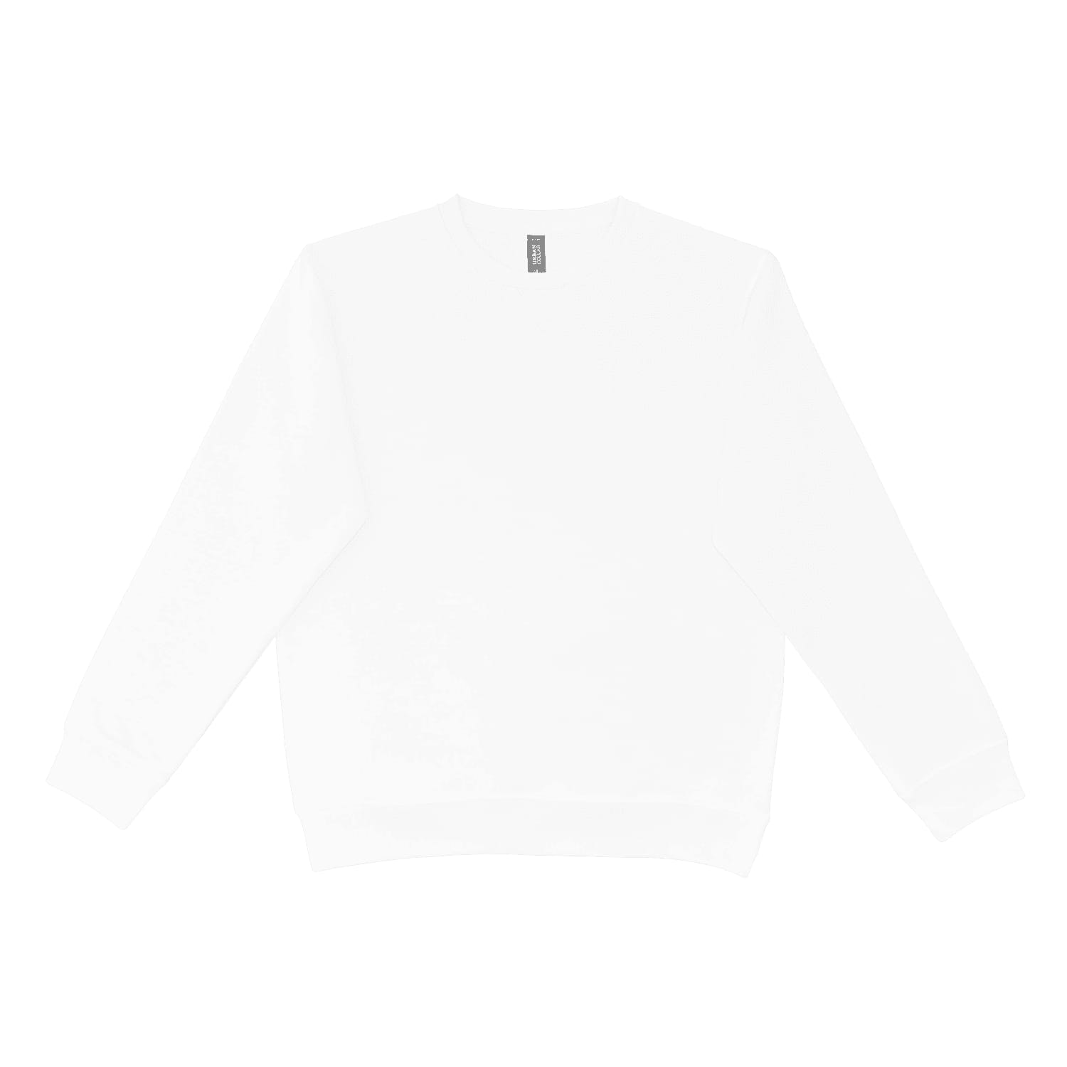 A white crewneck sweater with long sleeves and a simple design, featuring a logo on the label.