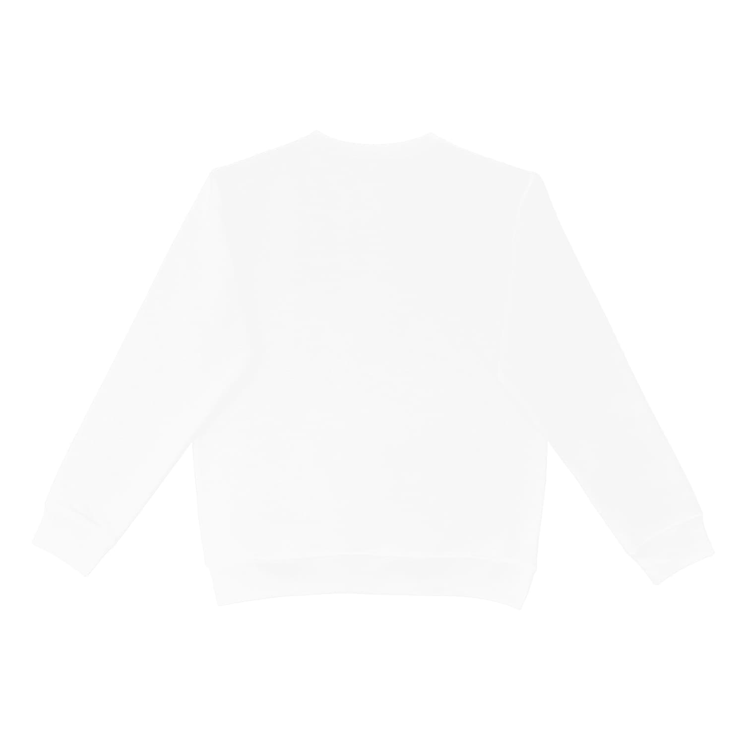 A white crewneck sweatshirt with long sleeves and a simple design, featuring a logo.