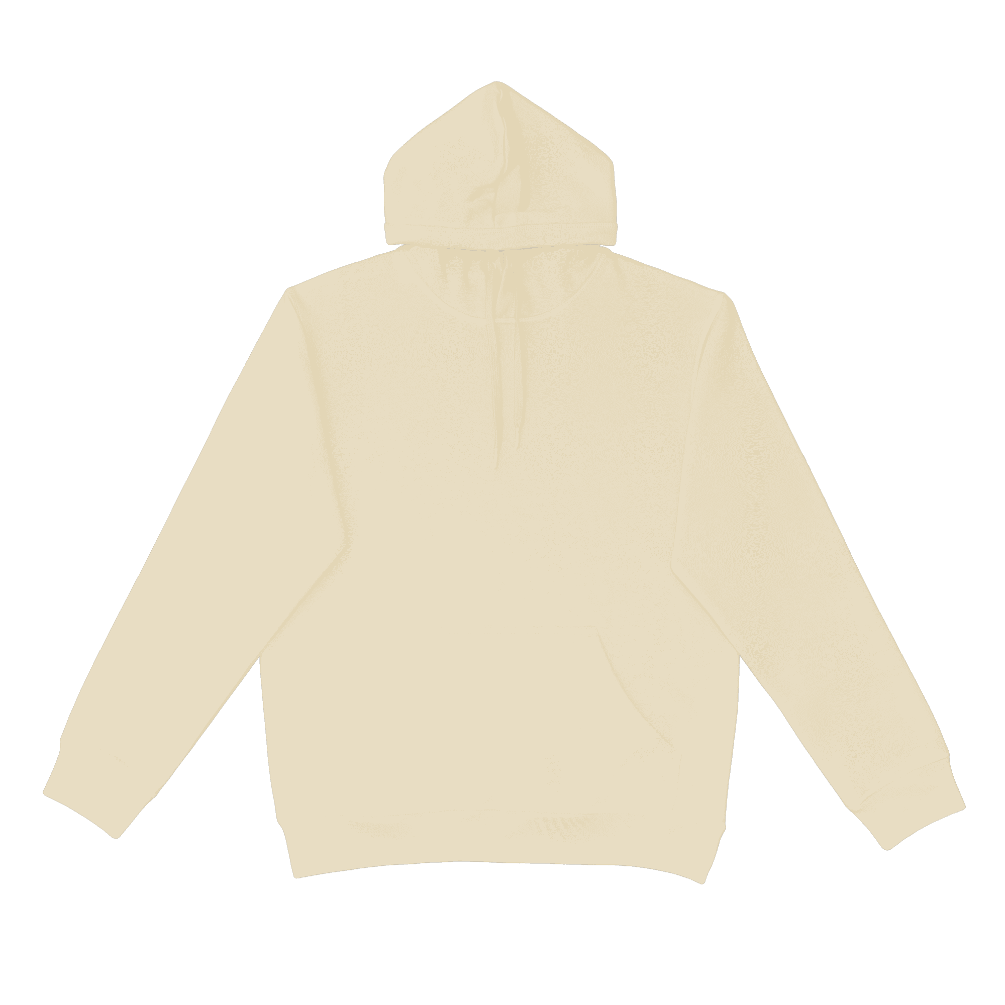A cream-coloured hoodie with a hood and long sleeves, featuring a logo on the front.