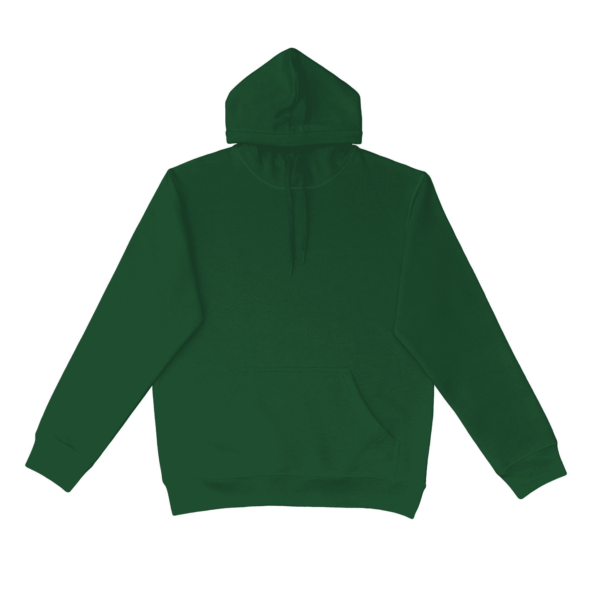 A green hoodie with a front pocket and an attached hood, featuring a branding logo.
