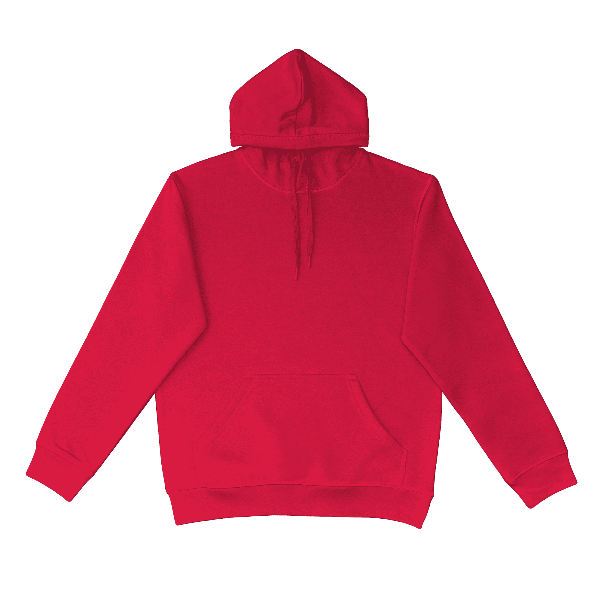 A red hoodie featuring a front pocket and a hood, with a logo on the front.