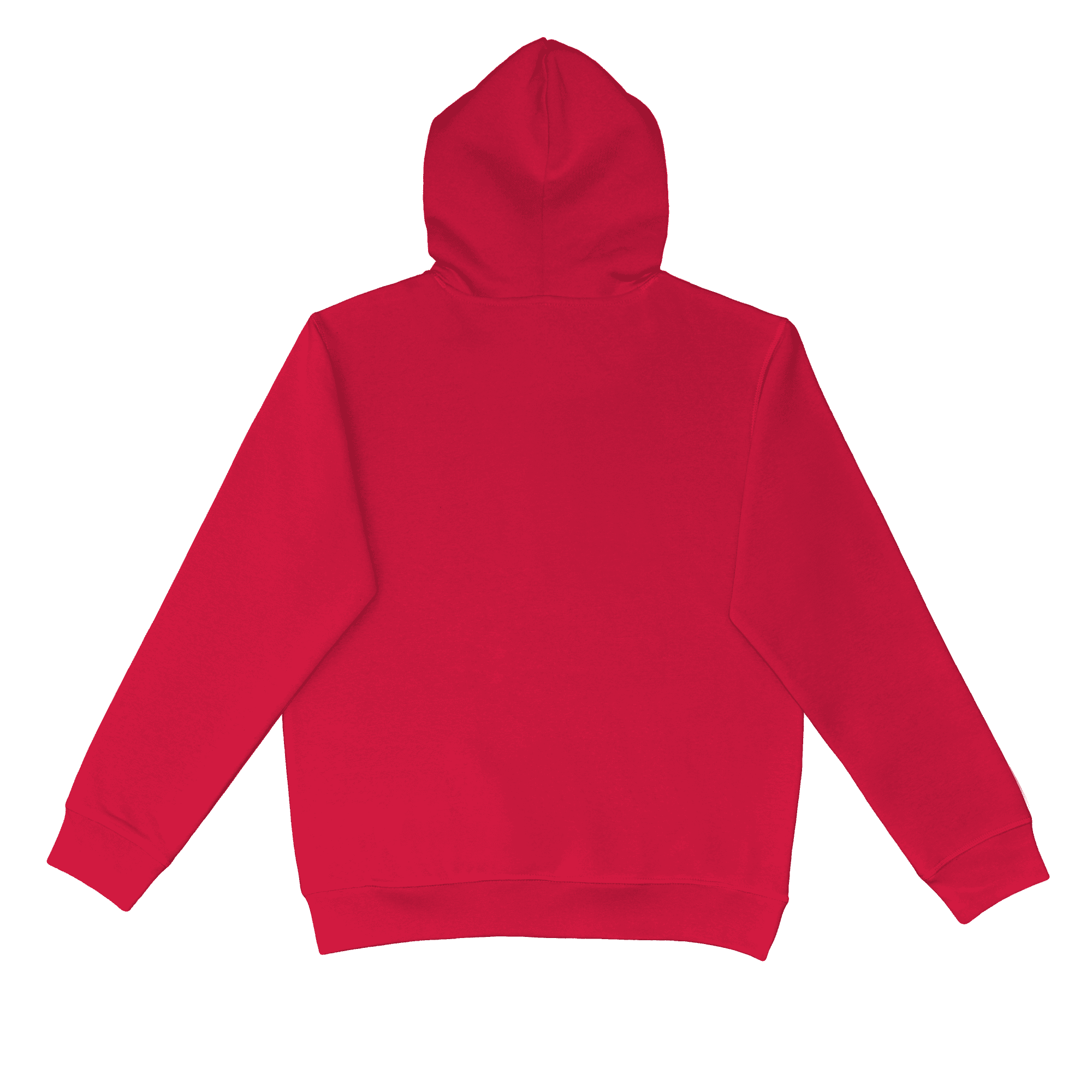 A red hoodie featuring a back view, with a hood and long sleeves. Includes a logo.