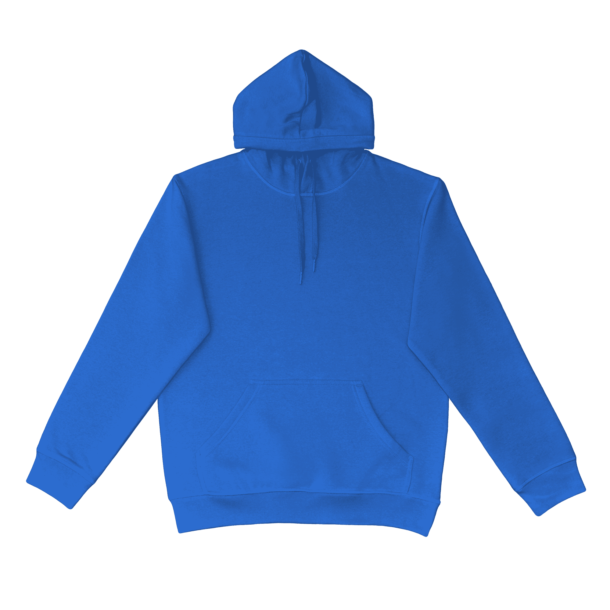 A bright blue hoodie featuring a front pocket and a hood, with a logo on the front.
