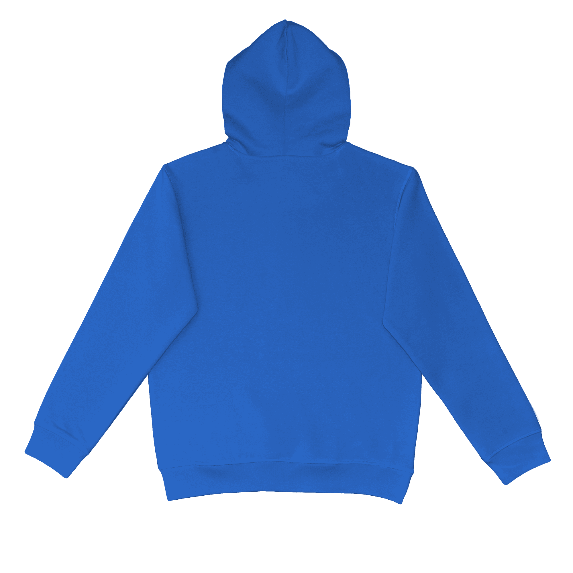 A blue hoodie with a hood and long sleeves, featuring a logo on the back.