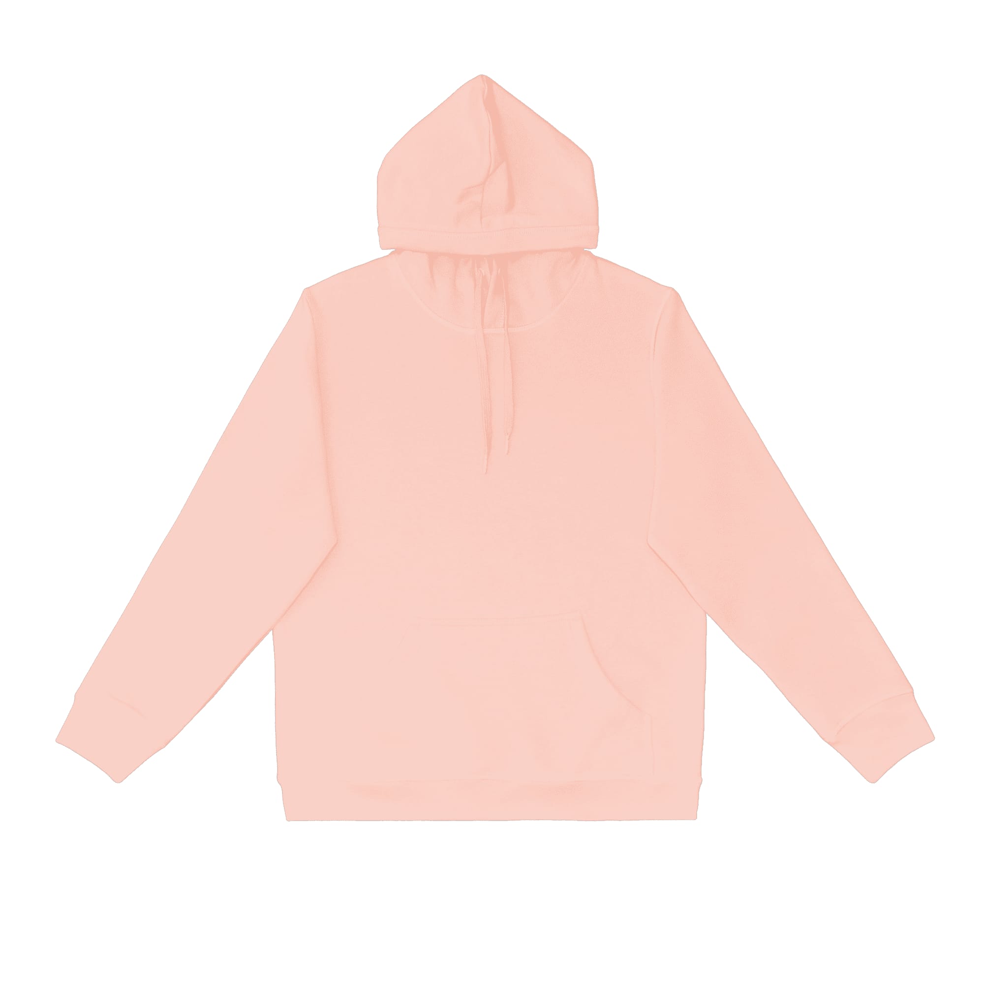 A pink hoodie featuring a front pocket and a hood, with branding visible.