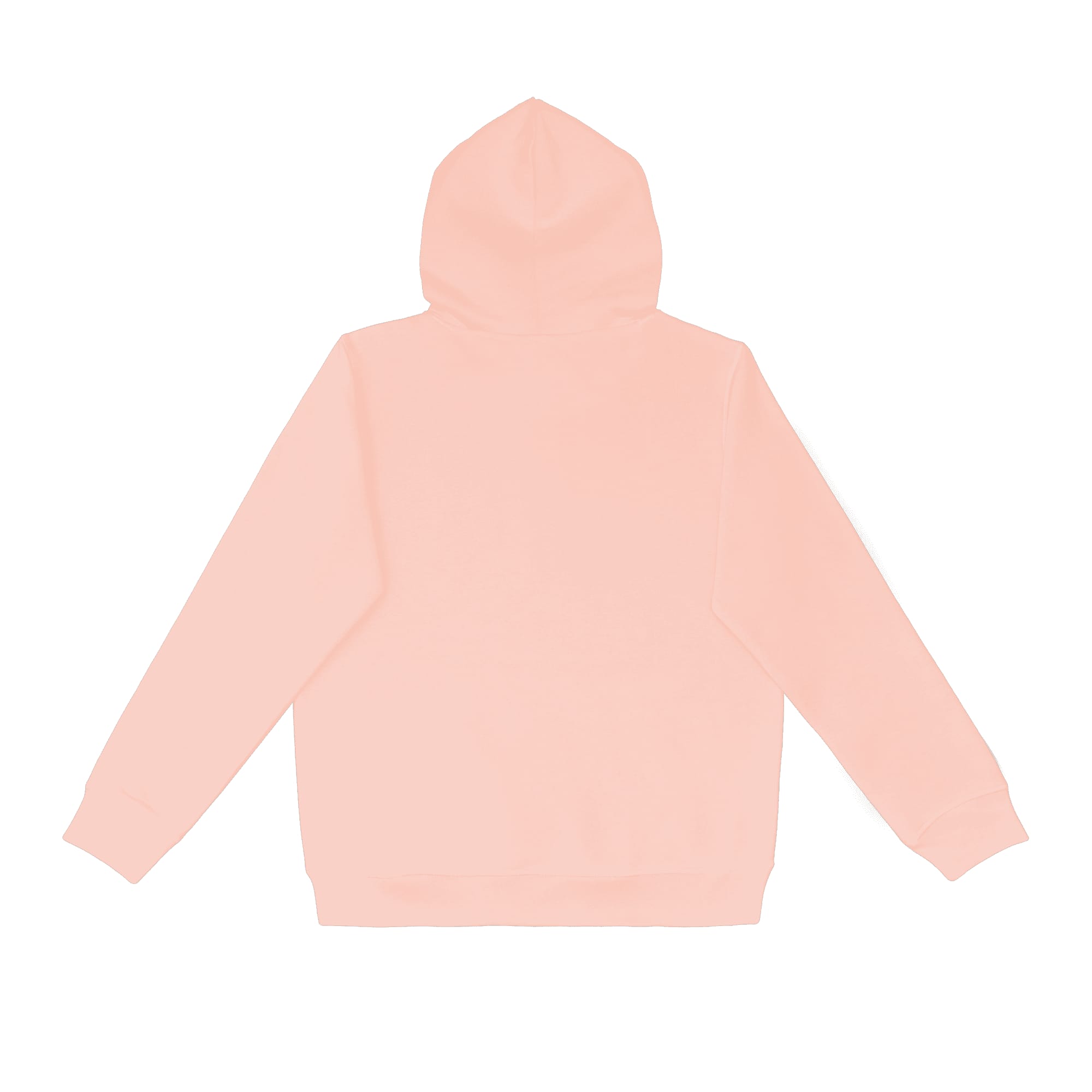 A peach-coloured hoodie with a hood and long sleeves, featuring a logo on the back.