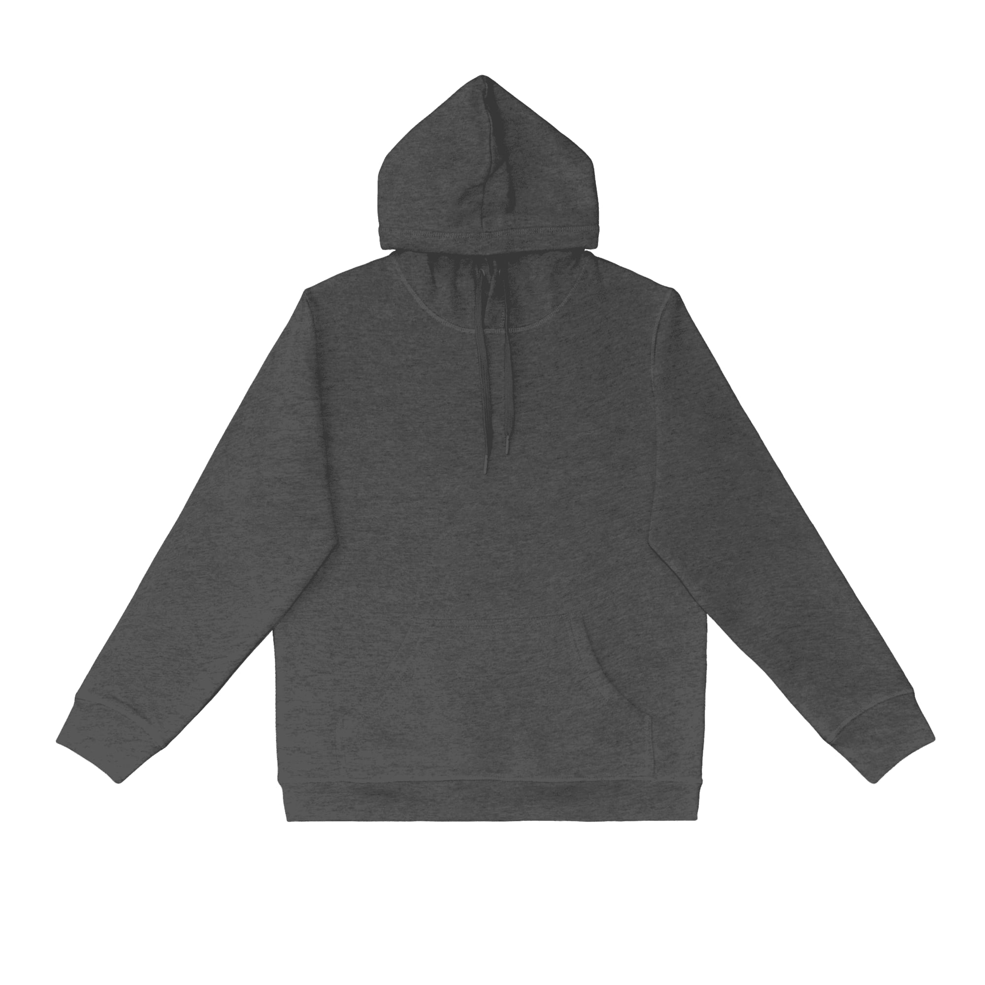 A dark grey hoodie with a hood and front pocket, featuring a logo.