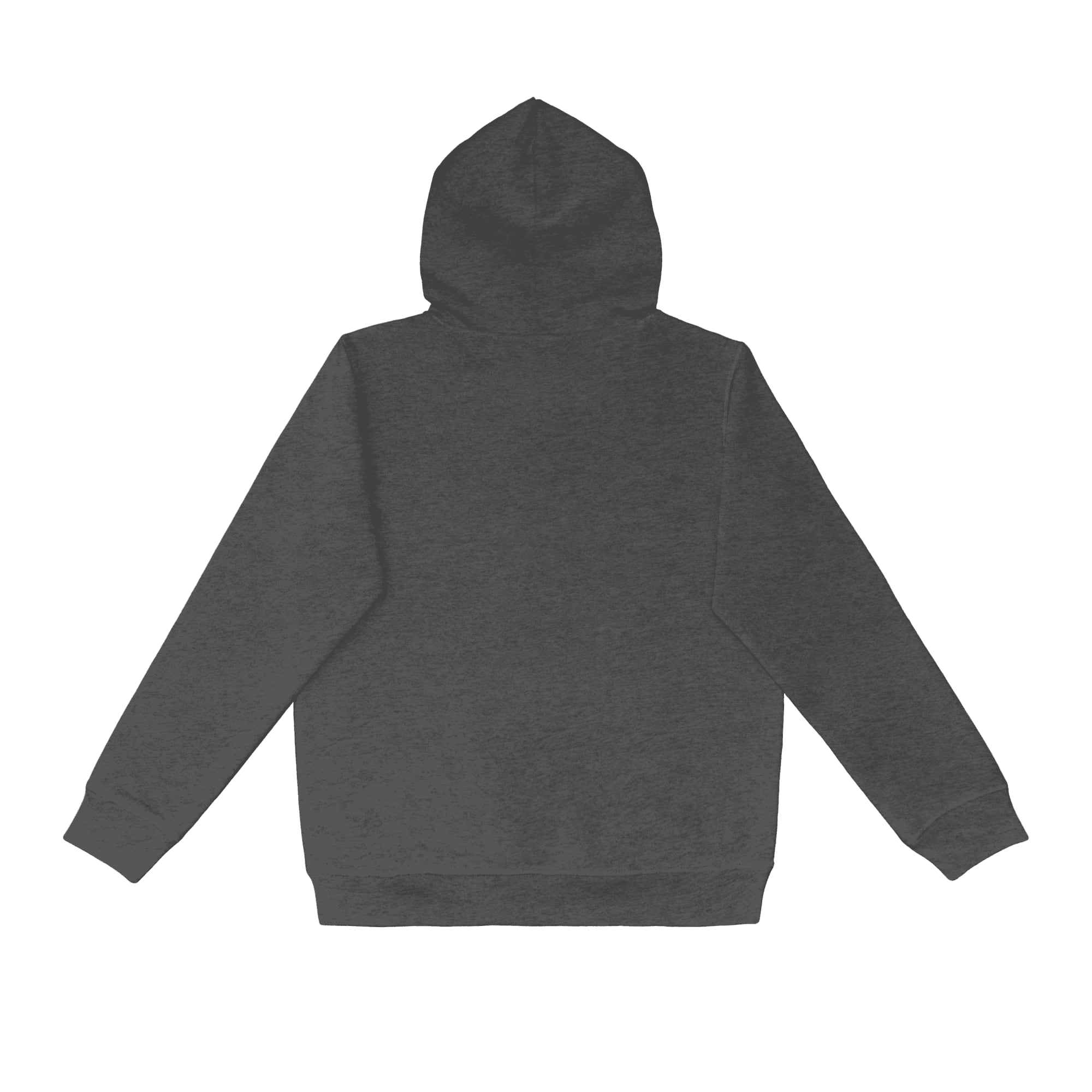 A dark grey hoodie with a spacious hood and long sleeves, featuring a branding logo.