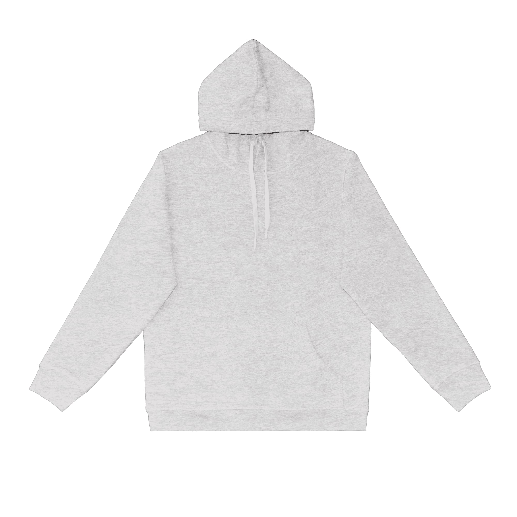 A grey hoodie with a hood, long sleeves, and a front pocket, featuring a logo on the fabric.