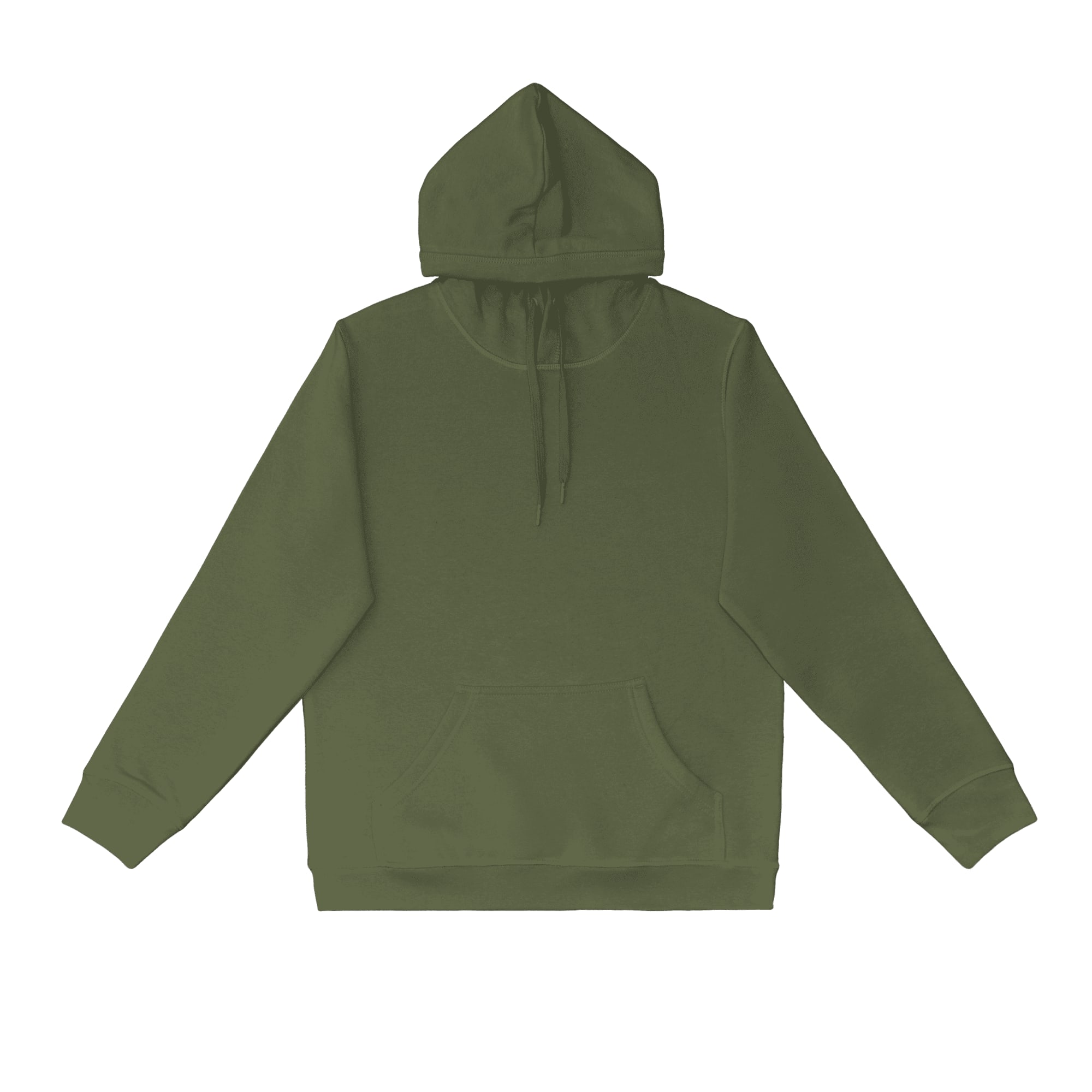 A green hoodie with a front pocket and a hood, featuring a logo.