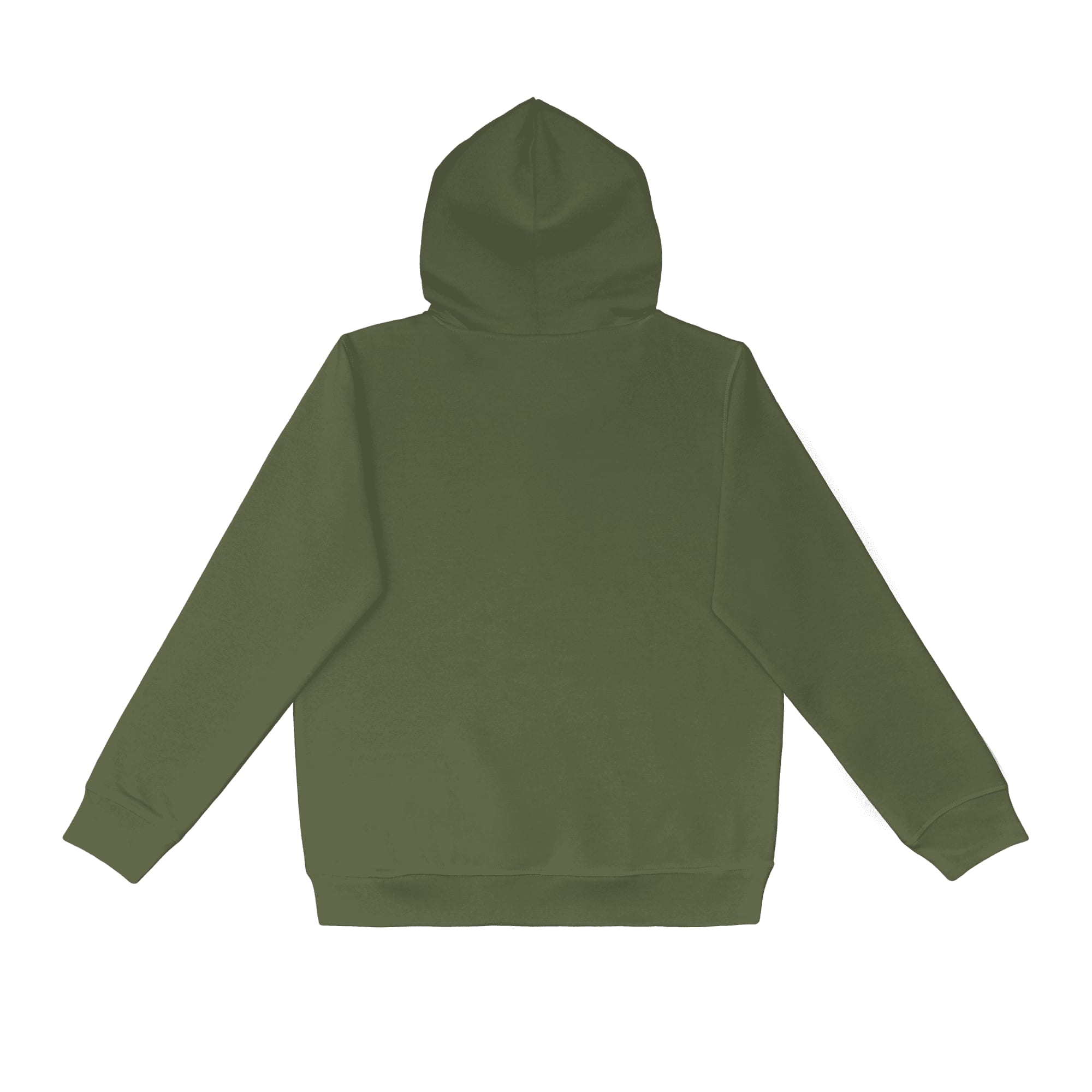 A green hoodie with a hood and long sleeves, featuring a back view. It has a logo on the garment.