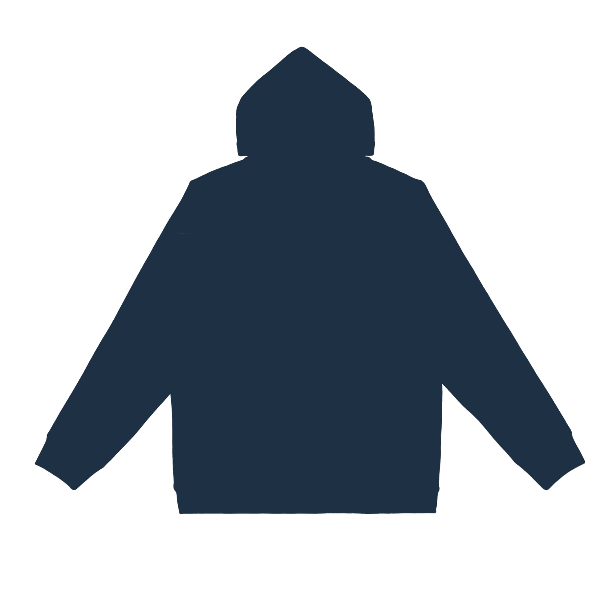 A dark navy hoodie featuring a hood and long sleeves, with an attached logo.