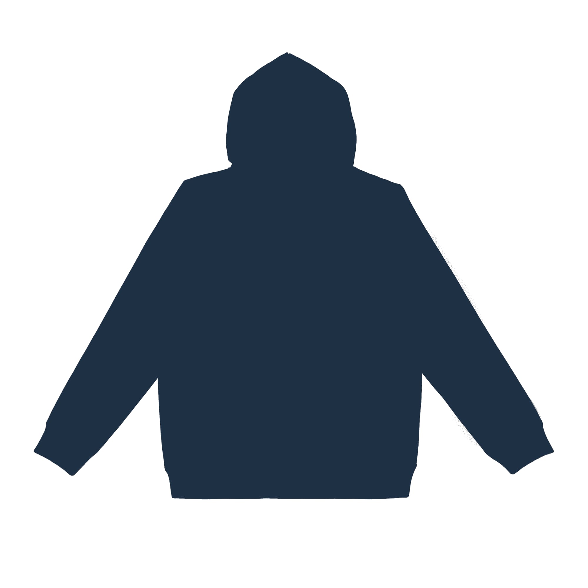A navy hoodie featuring a hood and long sleeves. The design includes a logo on the front.