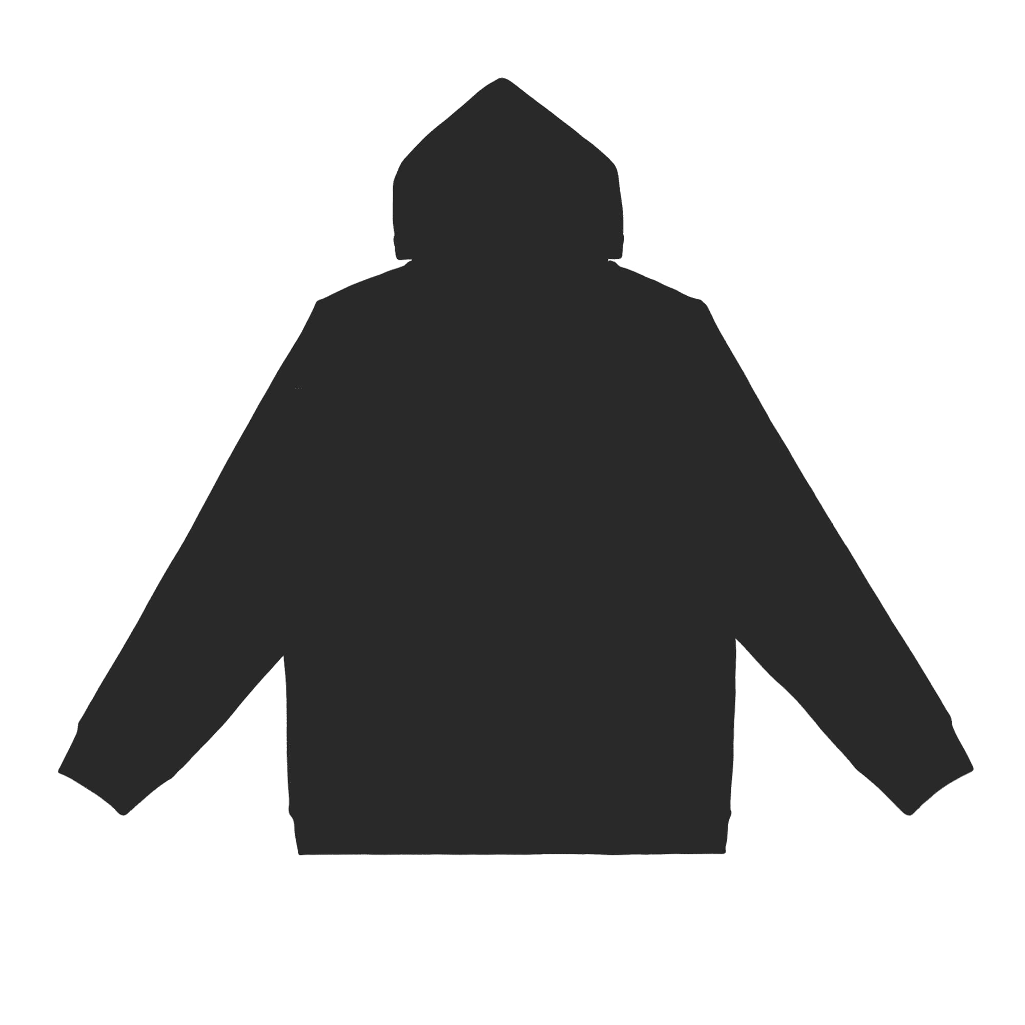 A black hoodie with a hood and long sleeves, featuring a branding logo.