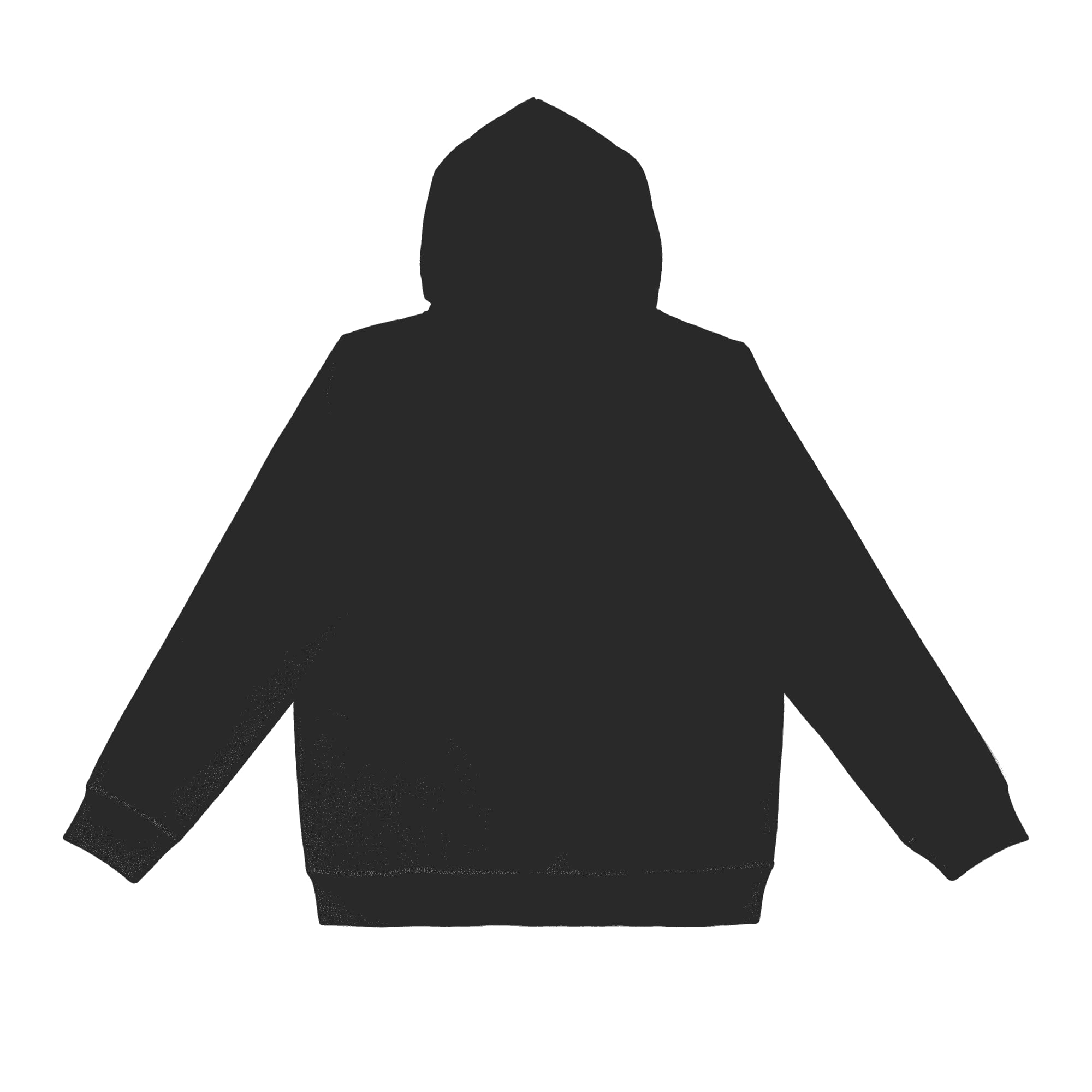 A black hoodie with a hood and long sleeves, featuring a logo but no visible front design.