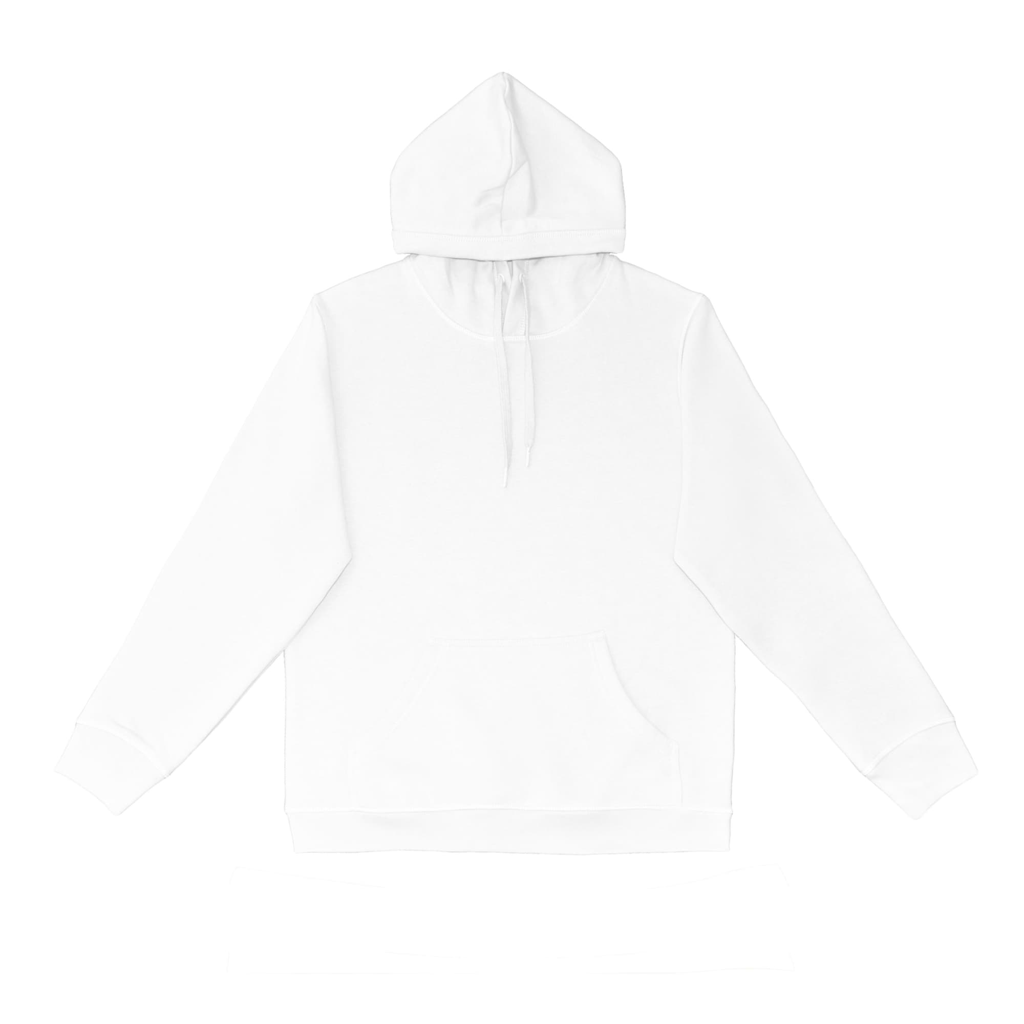 A white hoodie with a front pocket and a drawstring hood, featuring a logo on it.