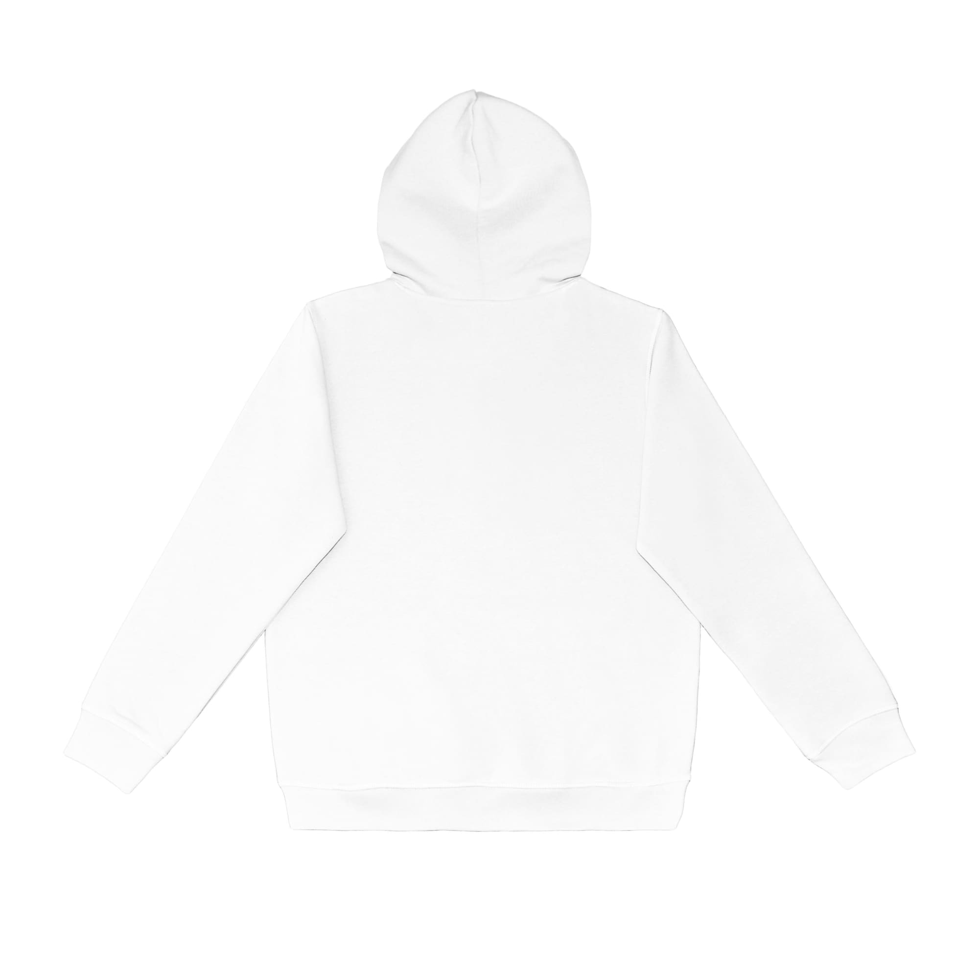 A white hoodie featuring a hood and long sleeves, displayed from the back. It has a branded logo.