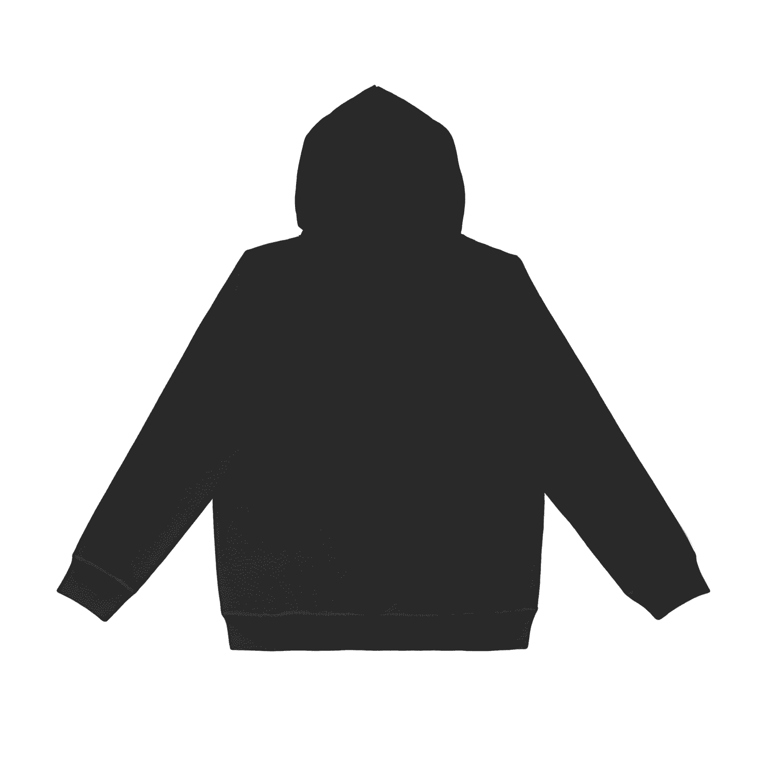 A black hoodie featuring a hood and long sleeves. It has a simple design and includes a logo.