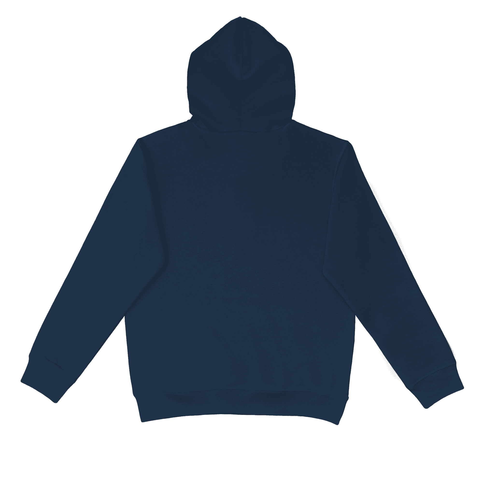 A navy blue hoodie with a hood and no pockets, featuring a logo or branding.