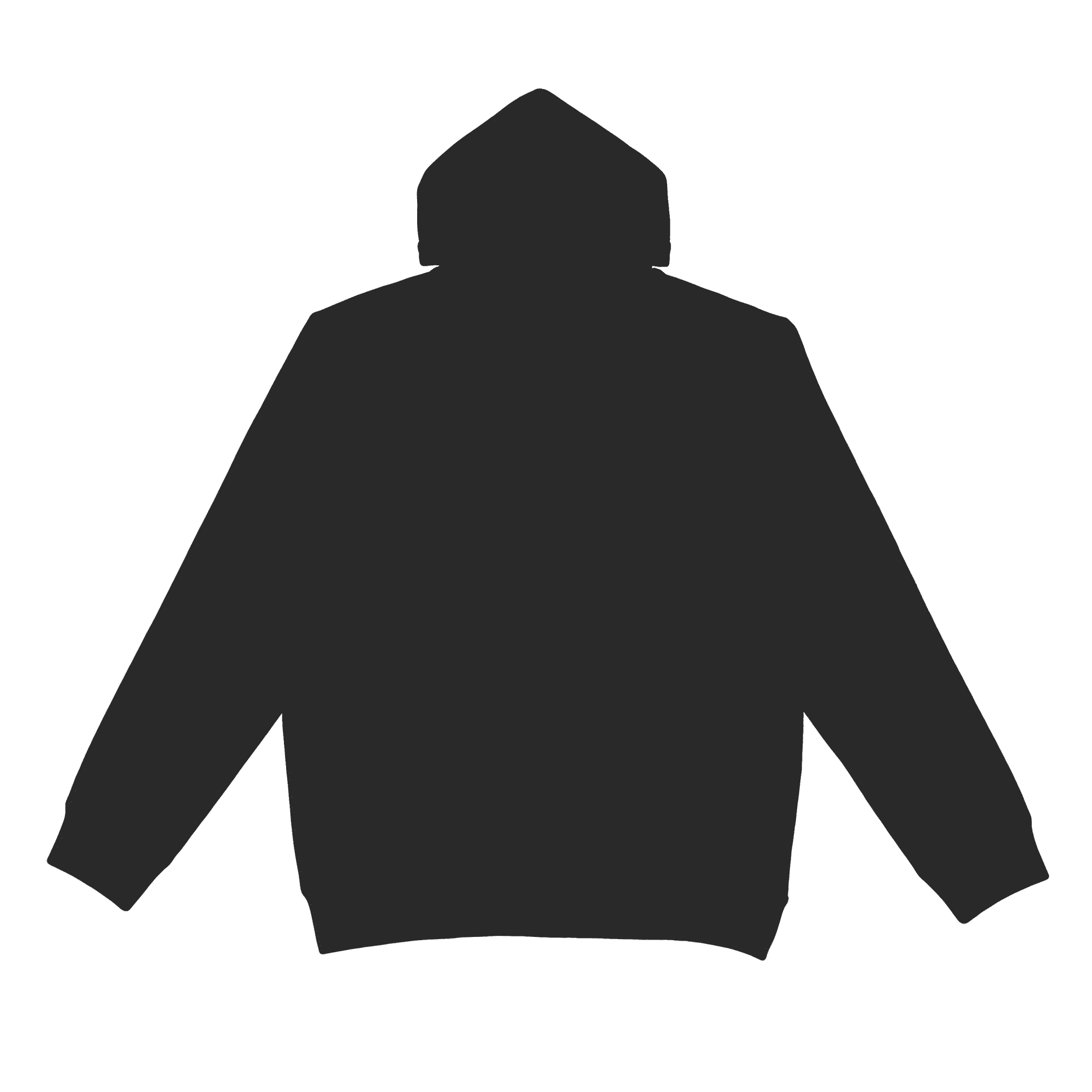 A black hoodie with a hood and no pockets, featuring a logo.