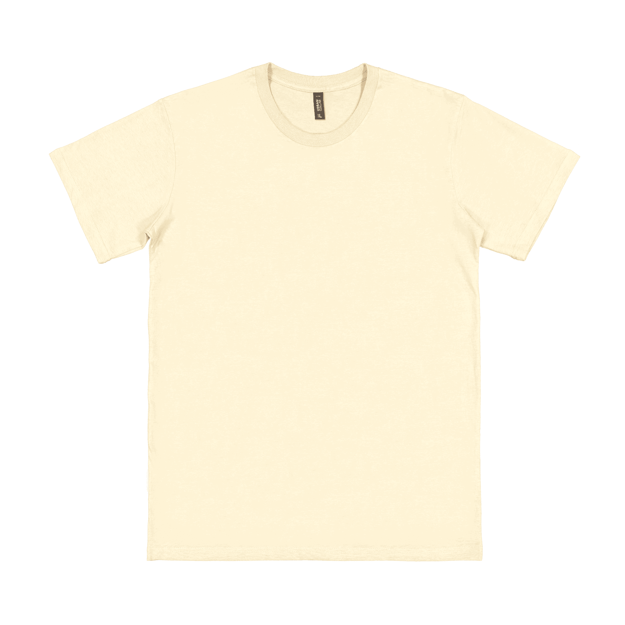A plain, short-sleeved adult T-shirt in a soft beige colour, featuring a logo on the label.