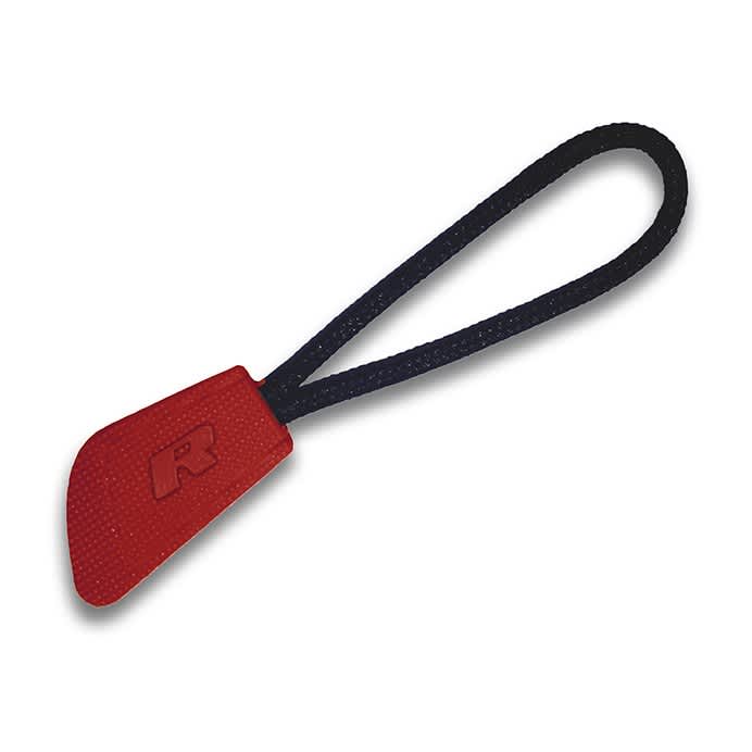 A red interchangeable zip puller with a black loop, featuring a logo on the pull tab.