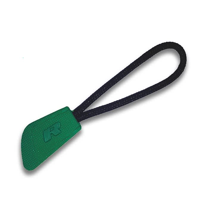 A green and black interchangeable zip puller with a textured handle and a loop for attachment.