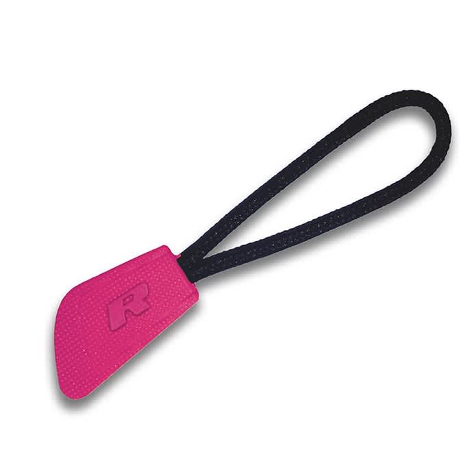 A pink interchangeable zip puller with a black strap, featuring a small logo on the puller.
