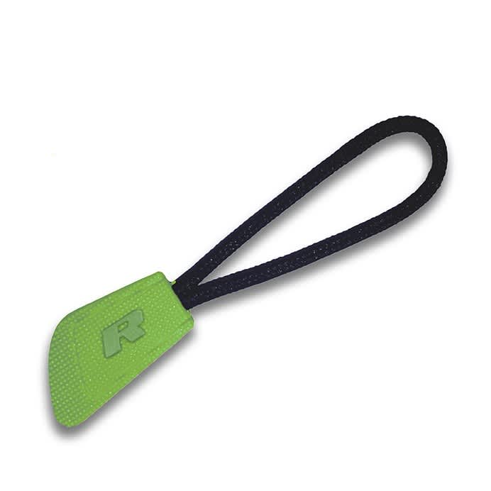 A green and black interchangeable zip puller with a textured handle and a loop for attaching to items.