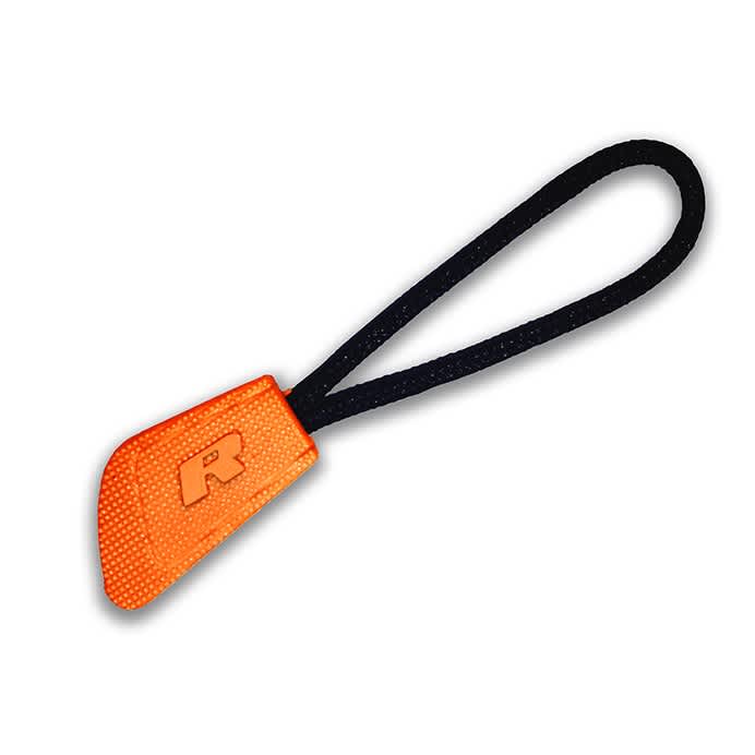 An orange interchangeable zip puller with a black loop, designed to attach to zippers.